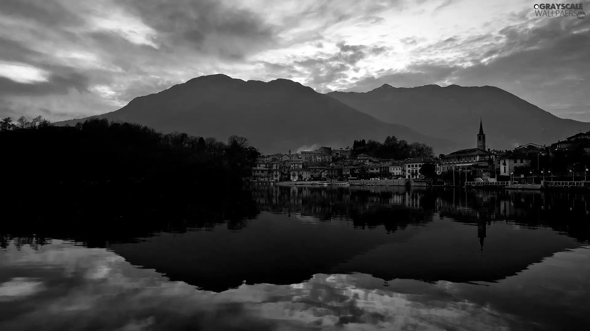 reflection, Mirror, lake, Town, Mountains