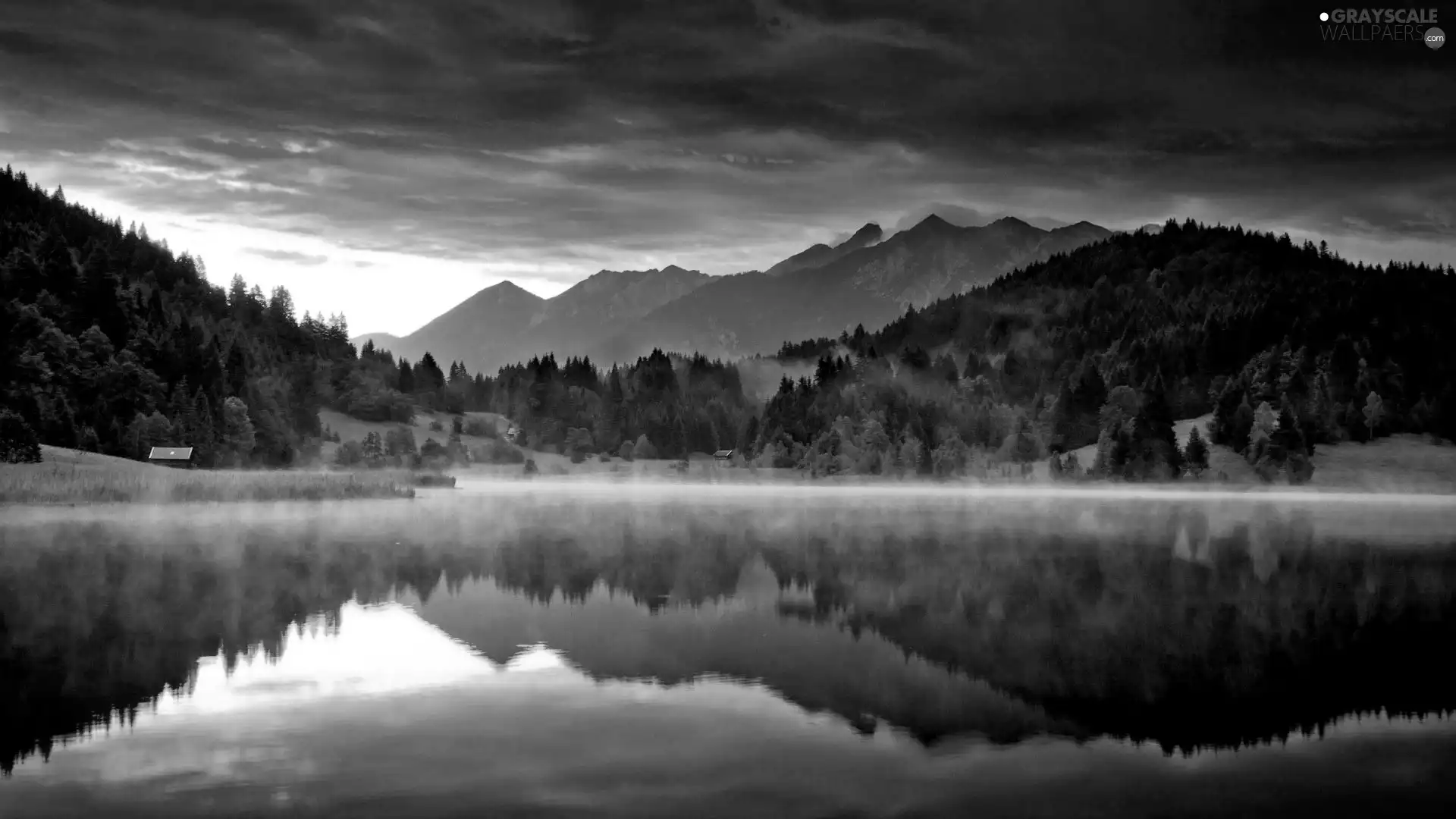 Mountains, forest, reflection, lake