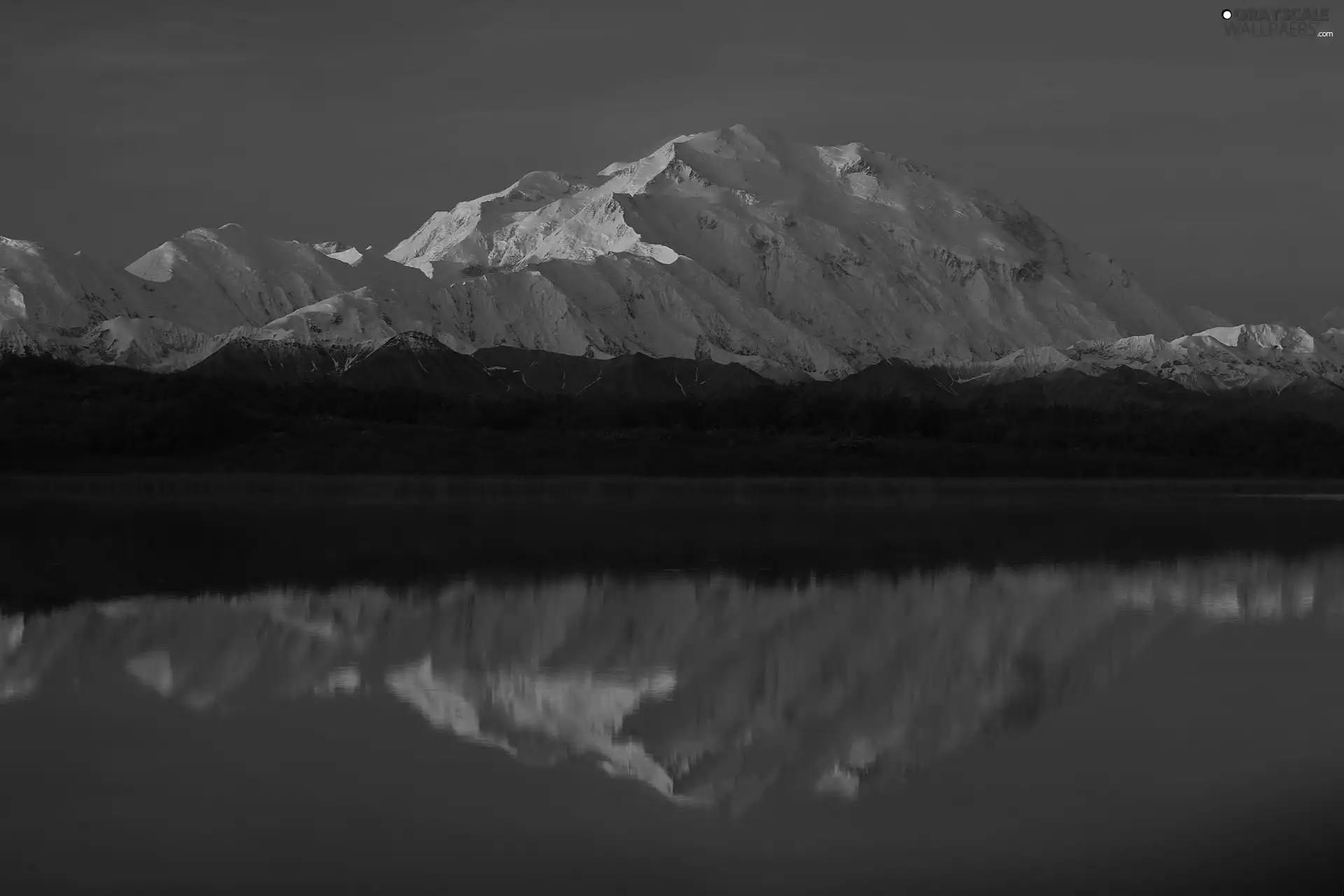 Mountains, lake, reflection, snow