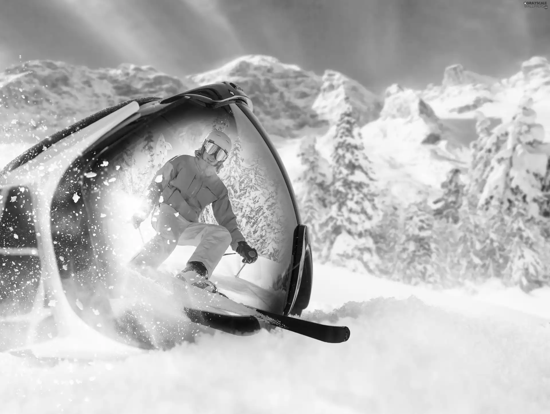 reflection, snow, trees, 4d, viewes, Mountains, winter, skiing, Skier, Glasses