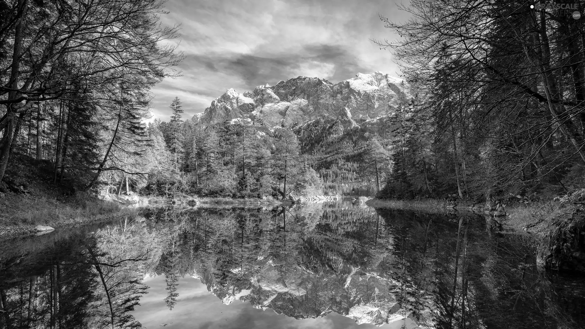 viewes, Mountains, lake, reflection, clouds, trees