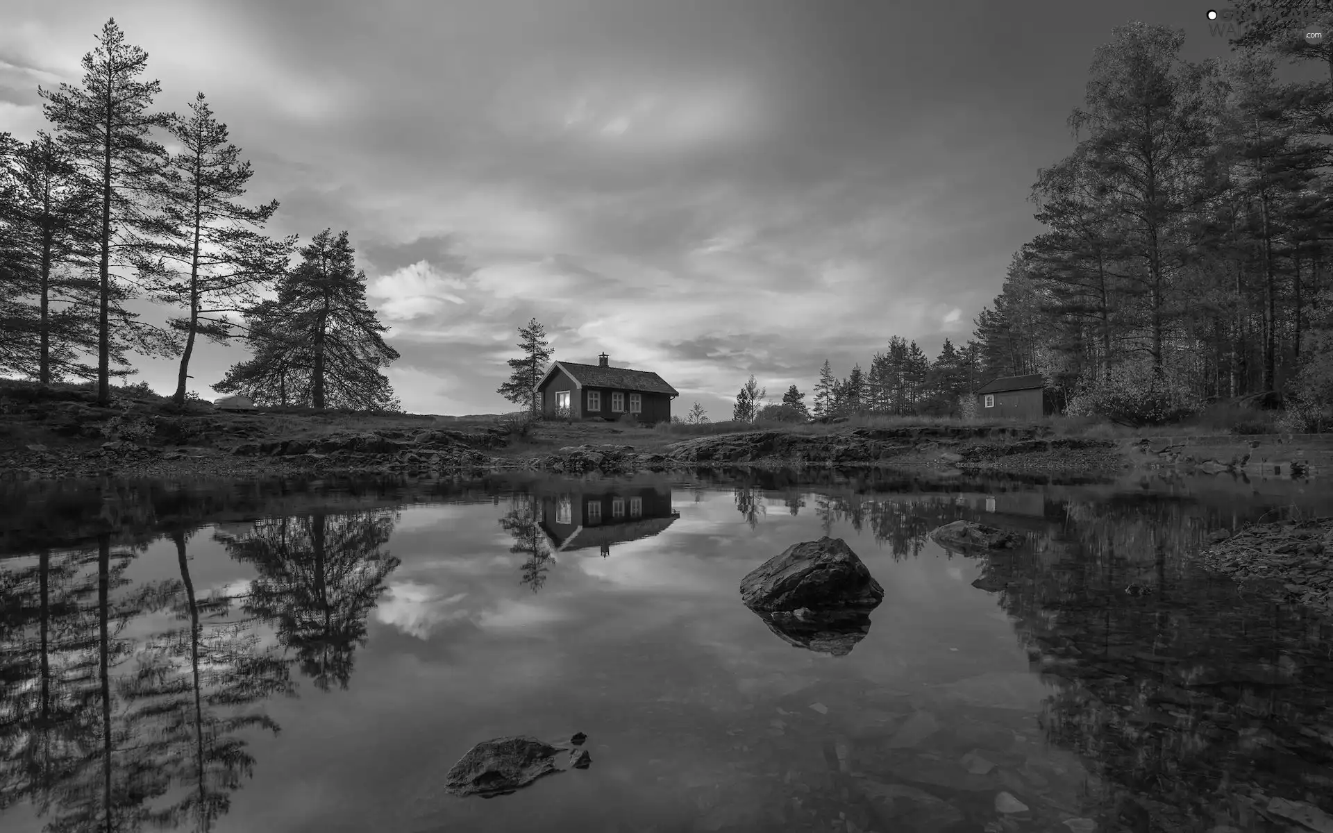 Houses, Norway, viewes, reflection, trees, Vaeleren Lake