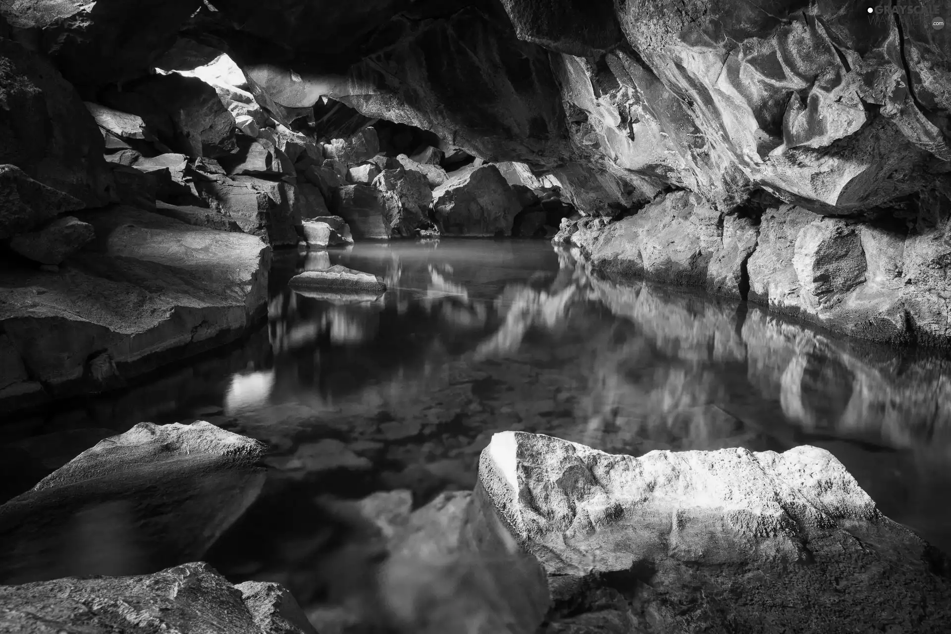 reflection, cave, water