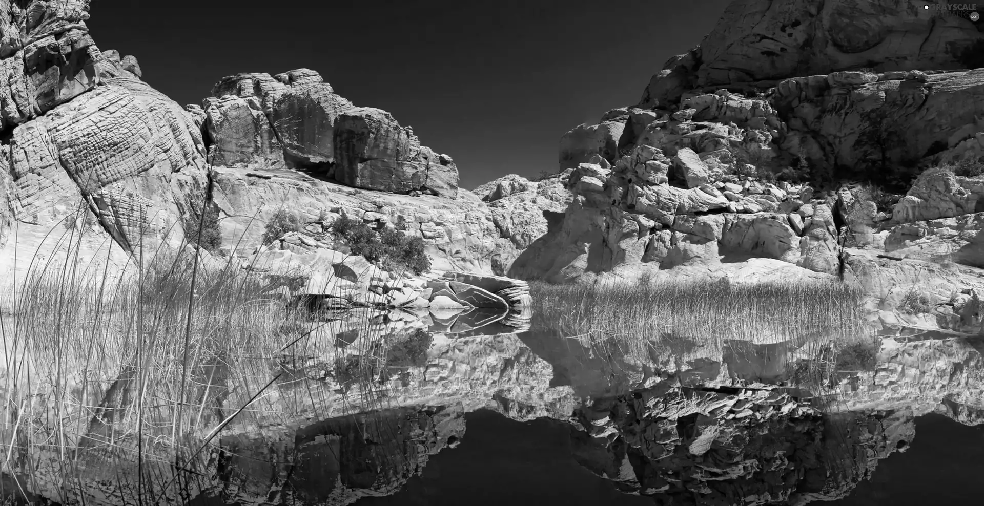 reflection, rocks, water