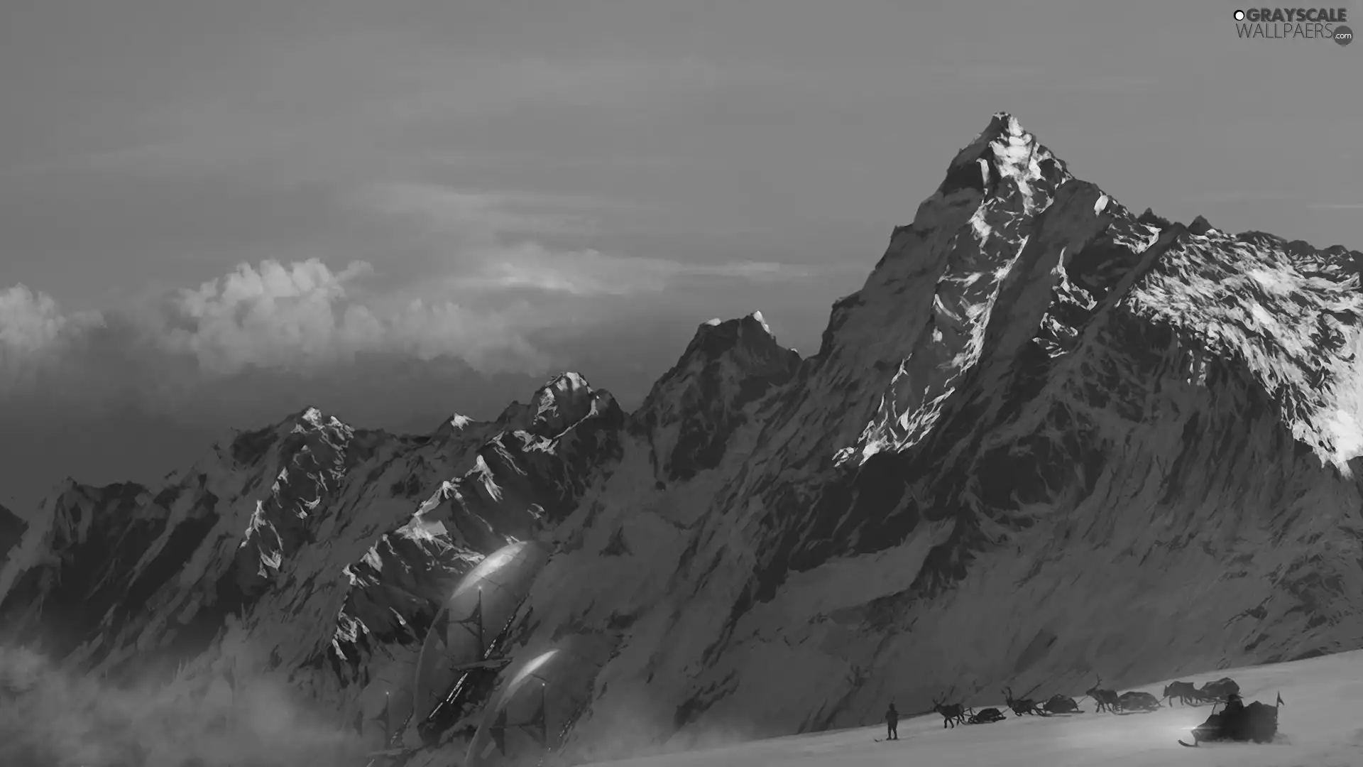 reindeer, Mountains, clouds