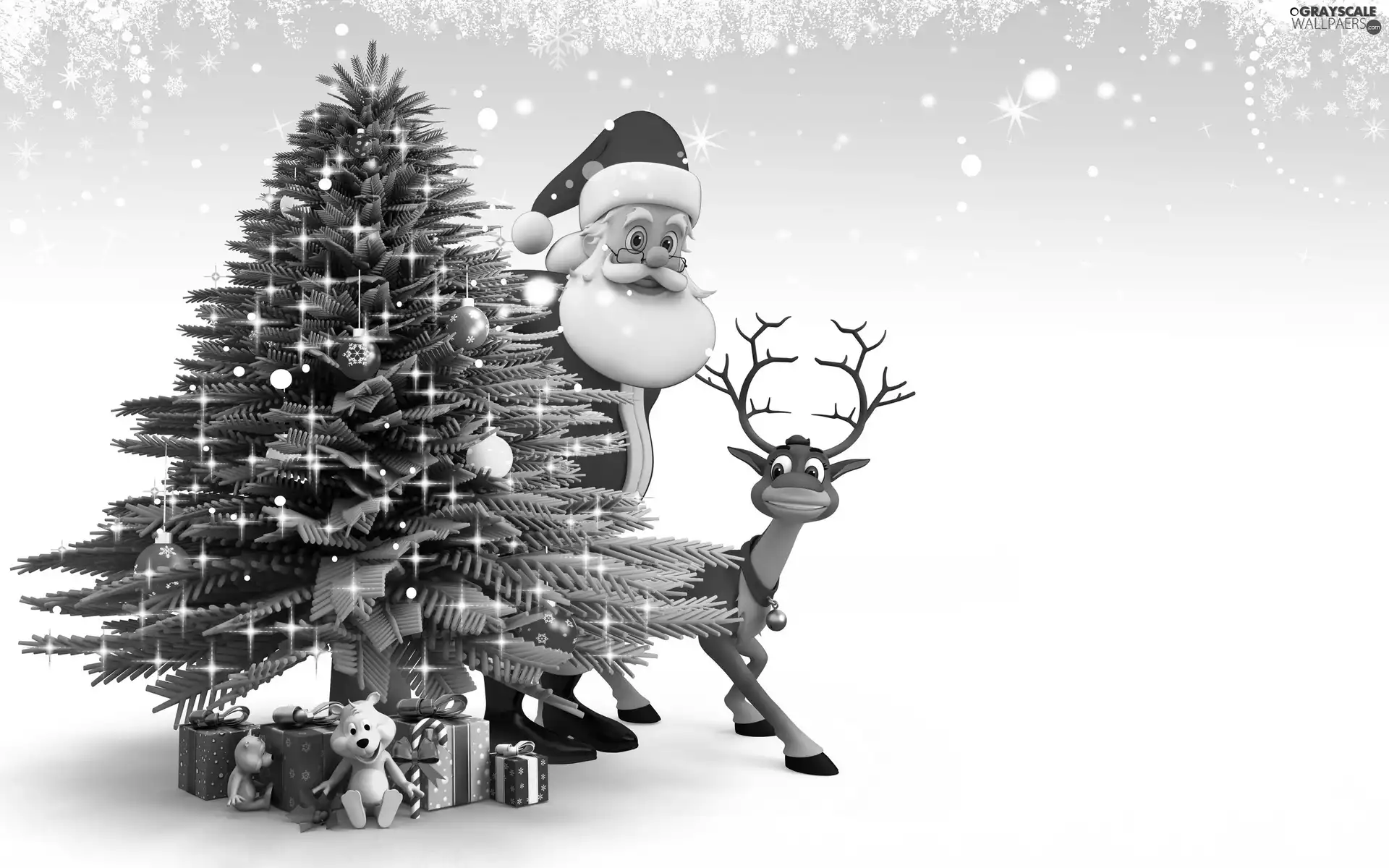 christmas tree, gifts, reindeer, Santa