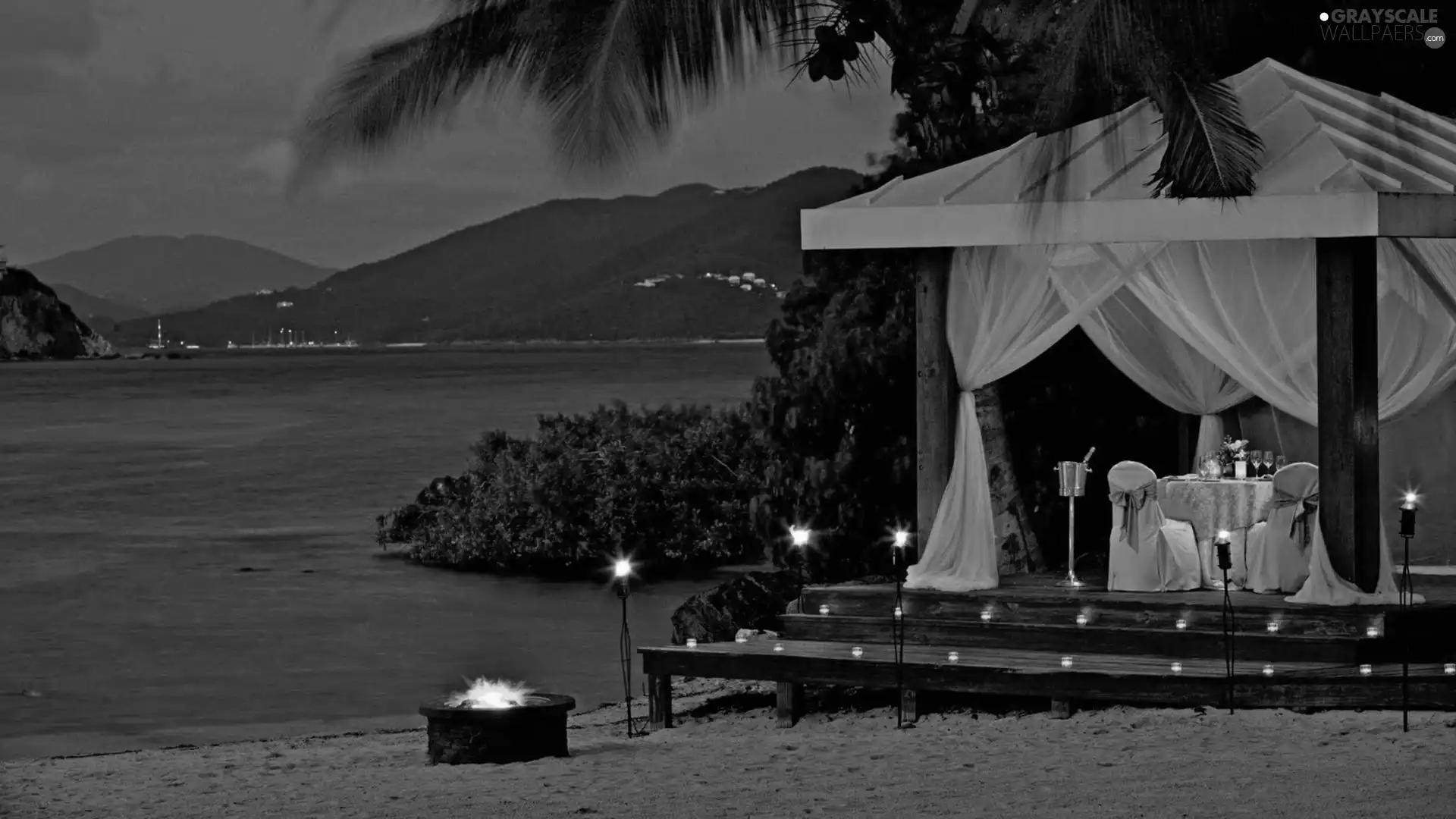 Restaurant, lake, Mountains