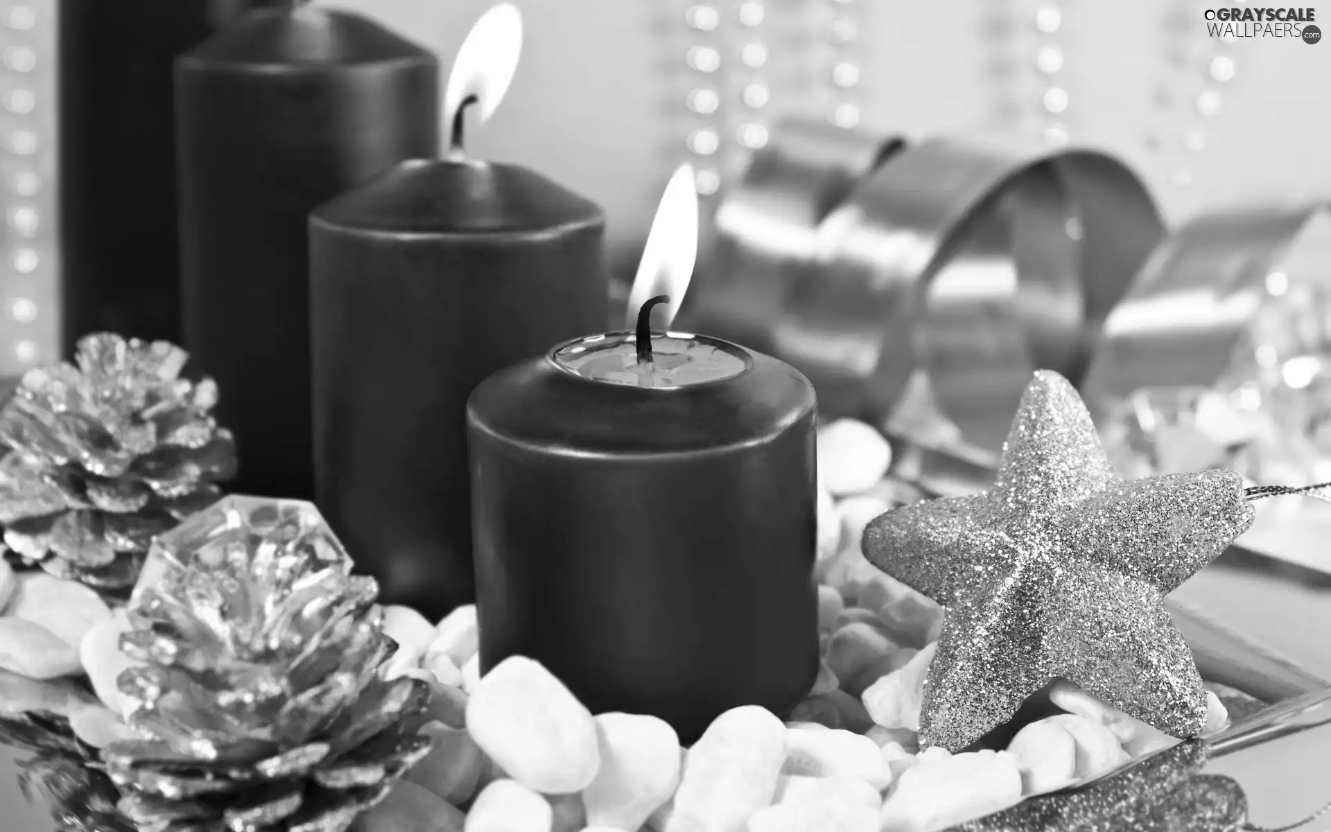 candles, cones, star, decoration, ribbon, purple