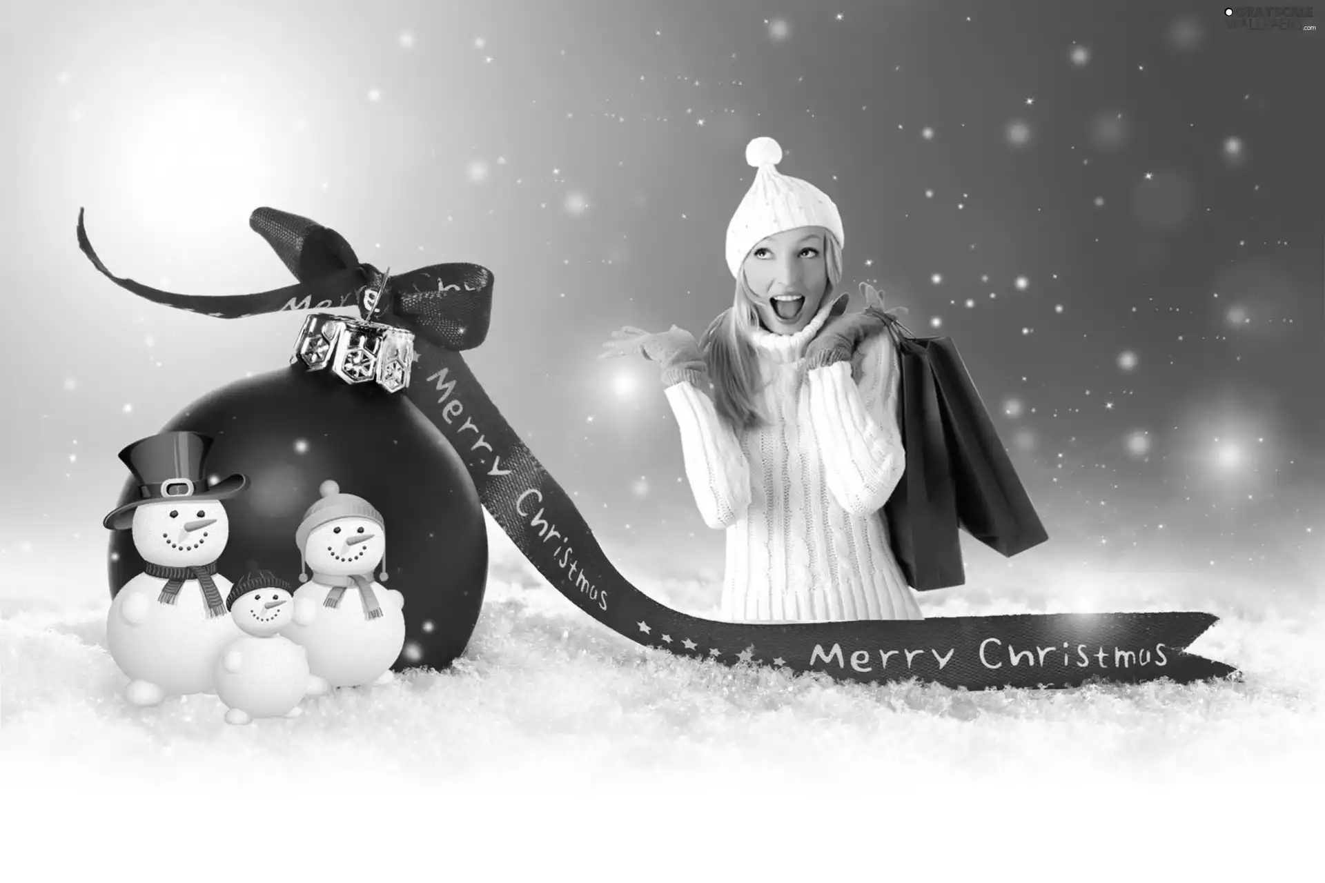 ribbon, Women, bauble, snowmen, Christmas