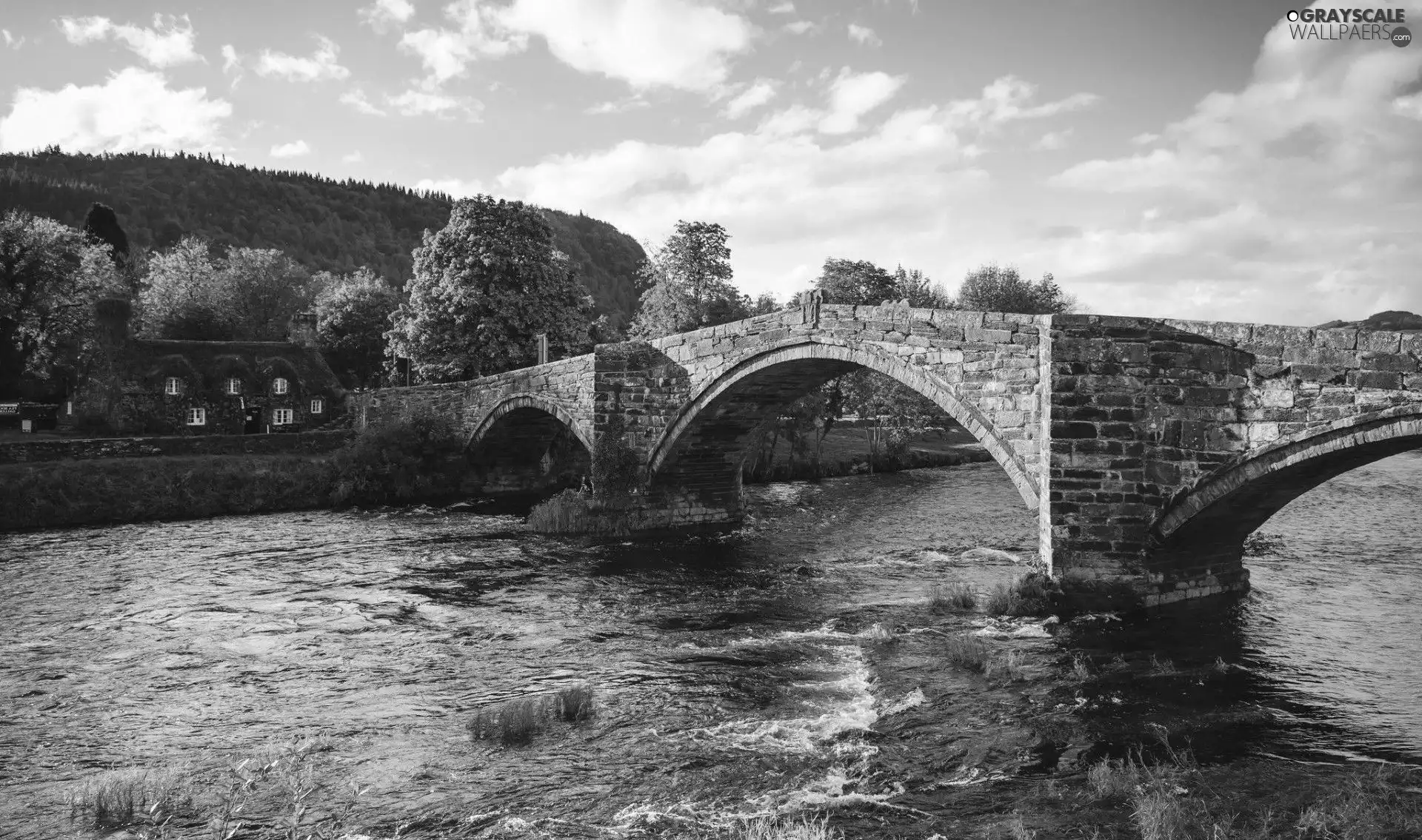 River, house, bridge