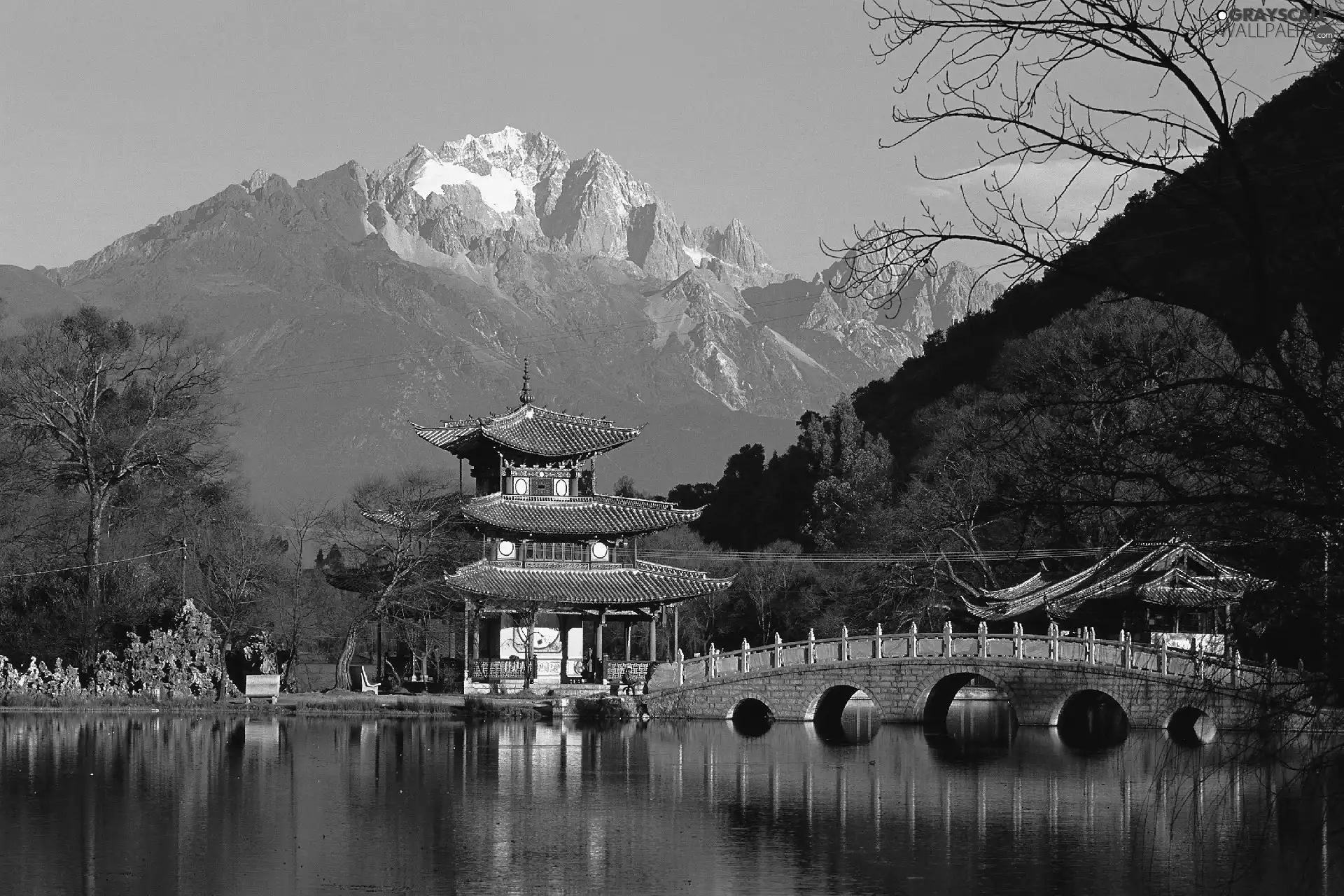 River, bridge, Mountains, Home, Japan