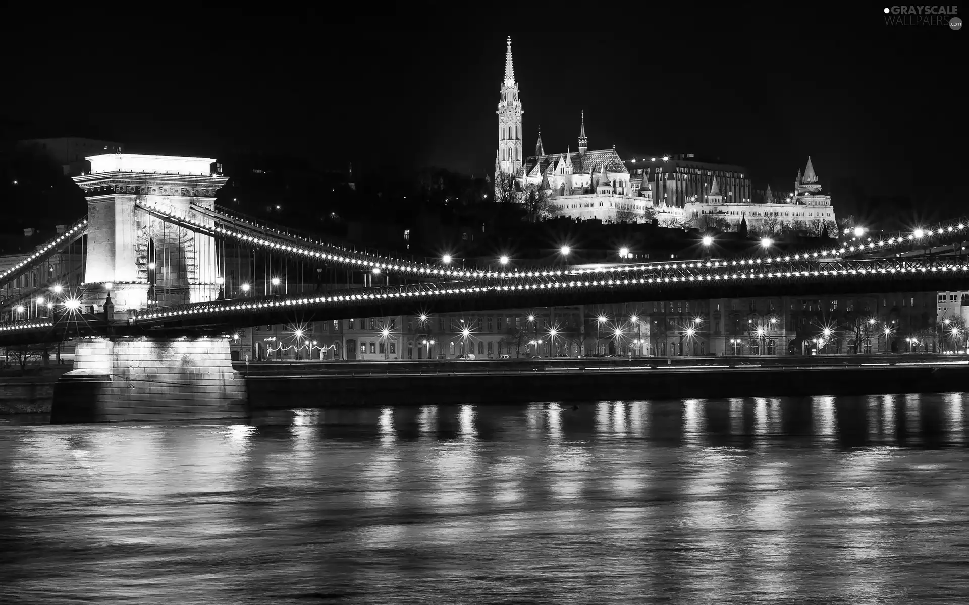 light, Town, River, Budapest, bridge, Night