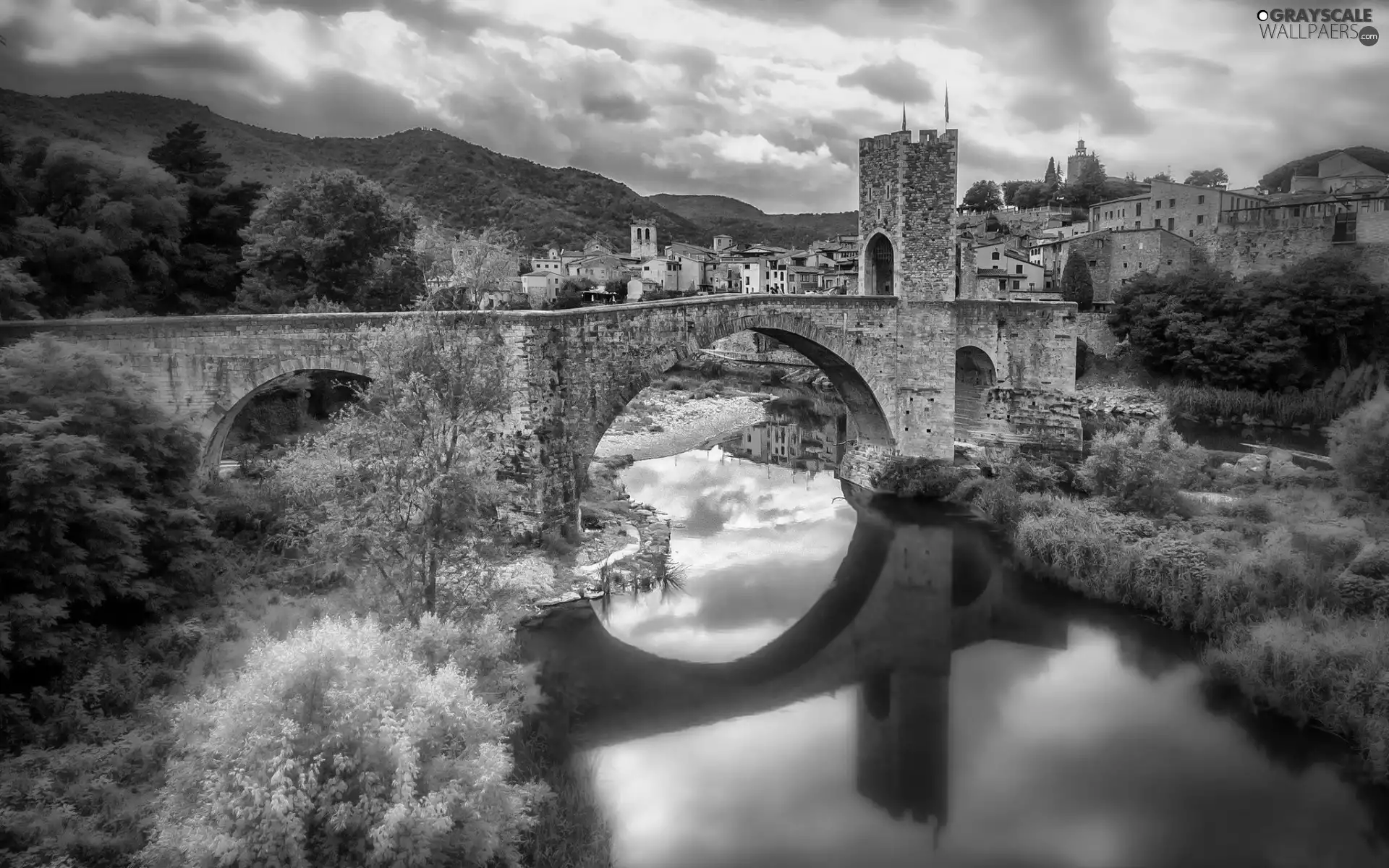 River, Bush, Spain, bridge, Besalu