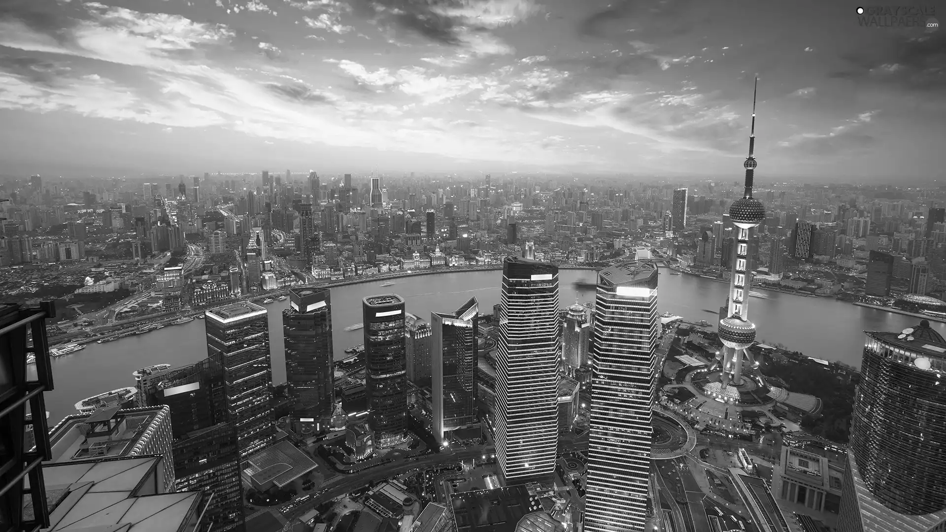 River, skyscrapers, clouds