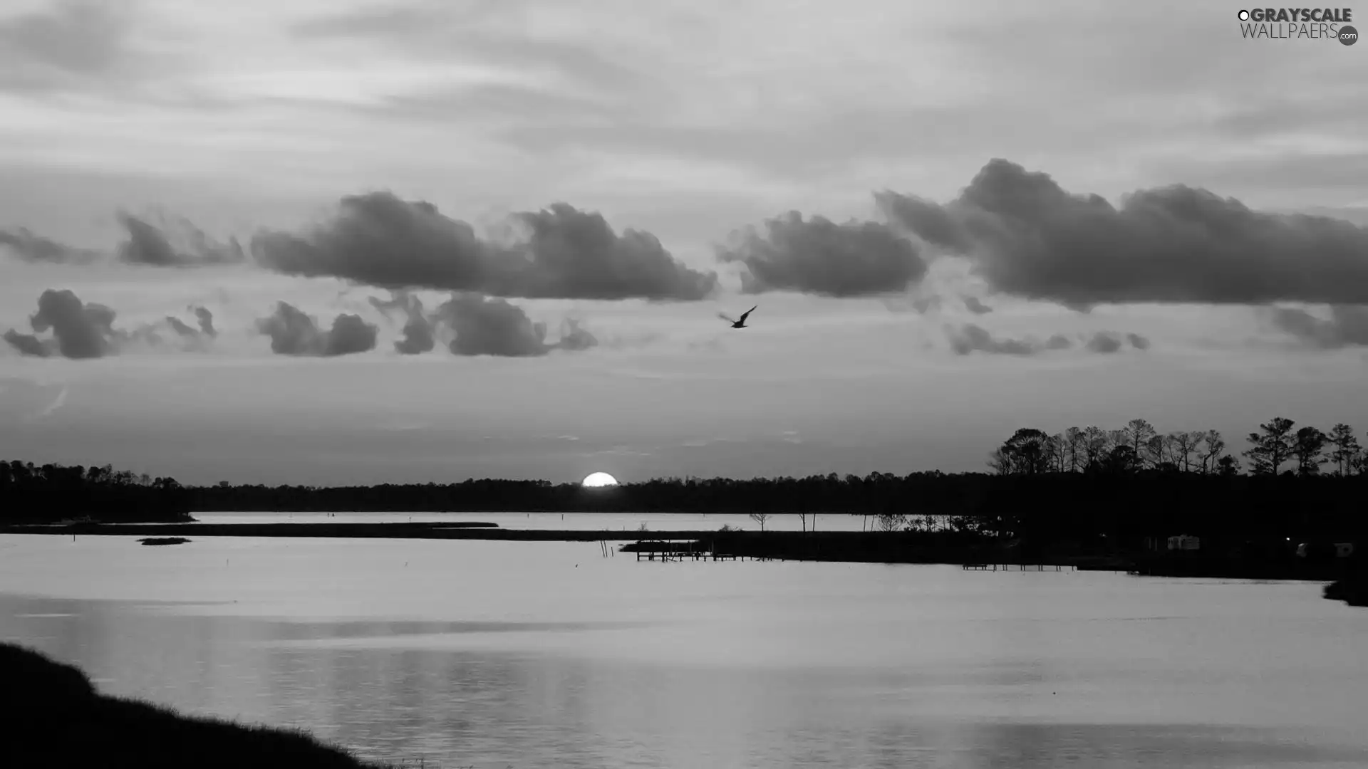 River, clouds, sun, rays, west