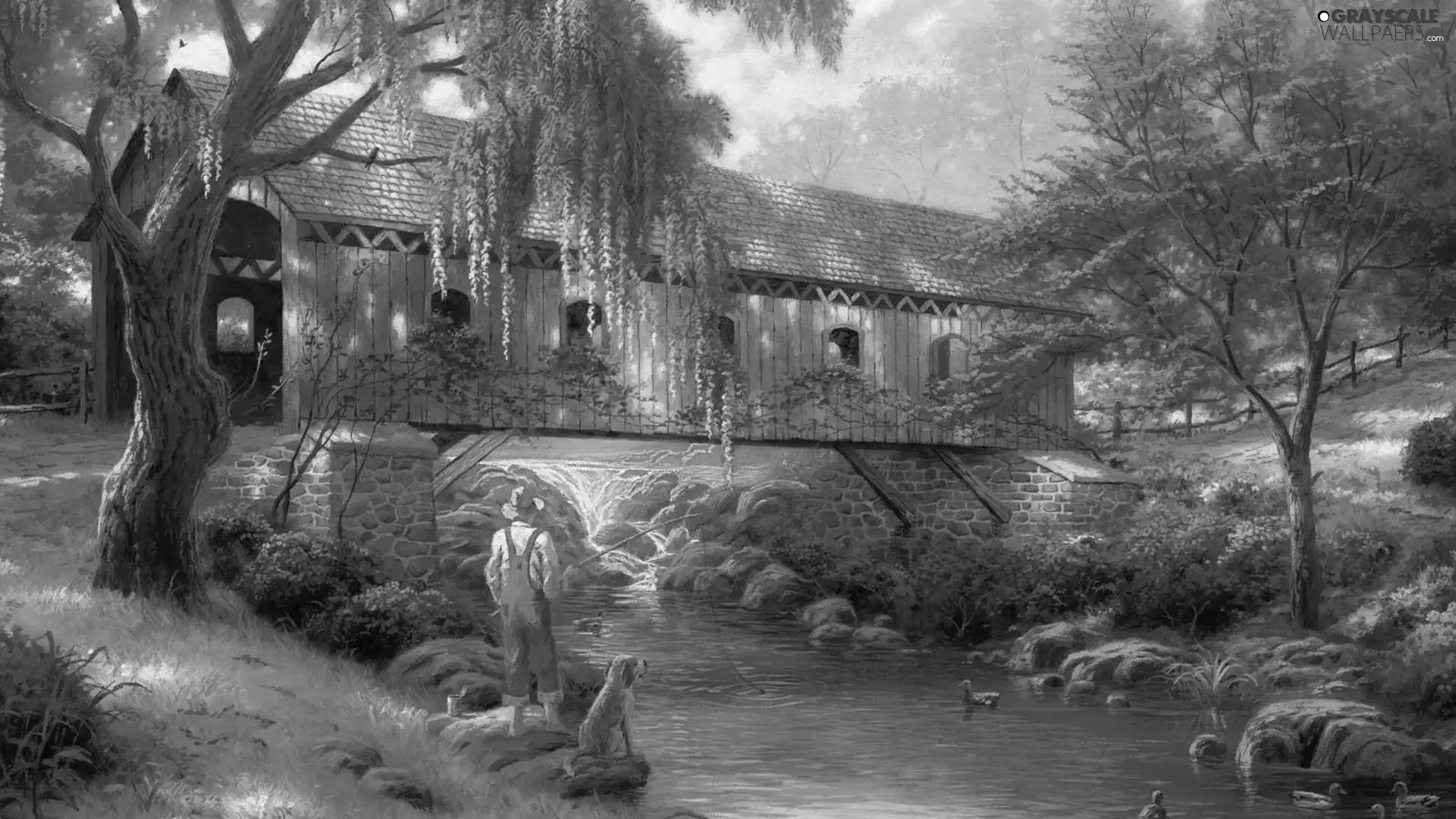 bridge, Kinkade, duck, painting, Thomas, River, fisherman