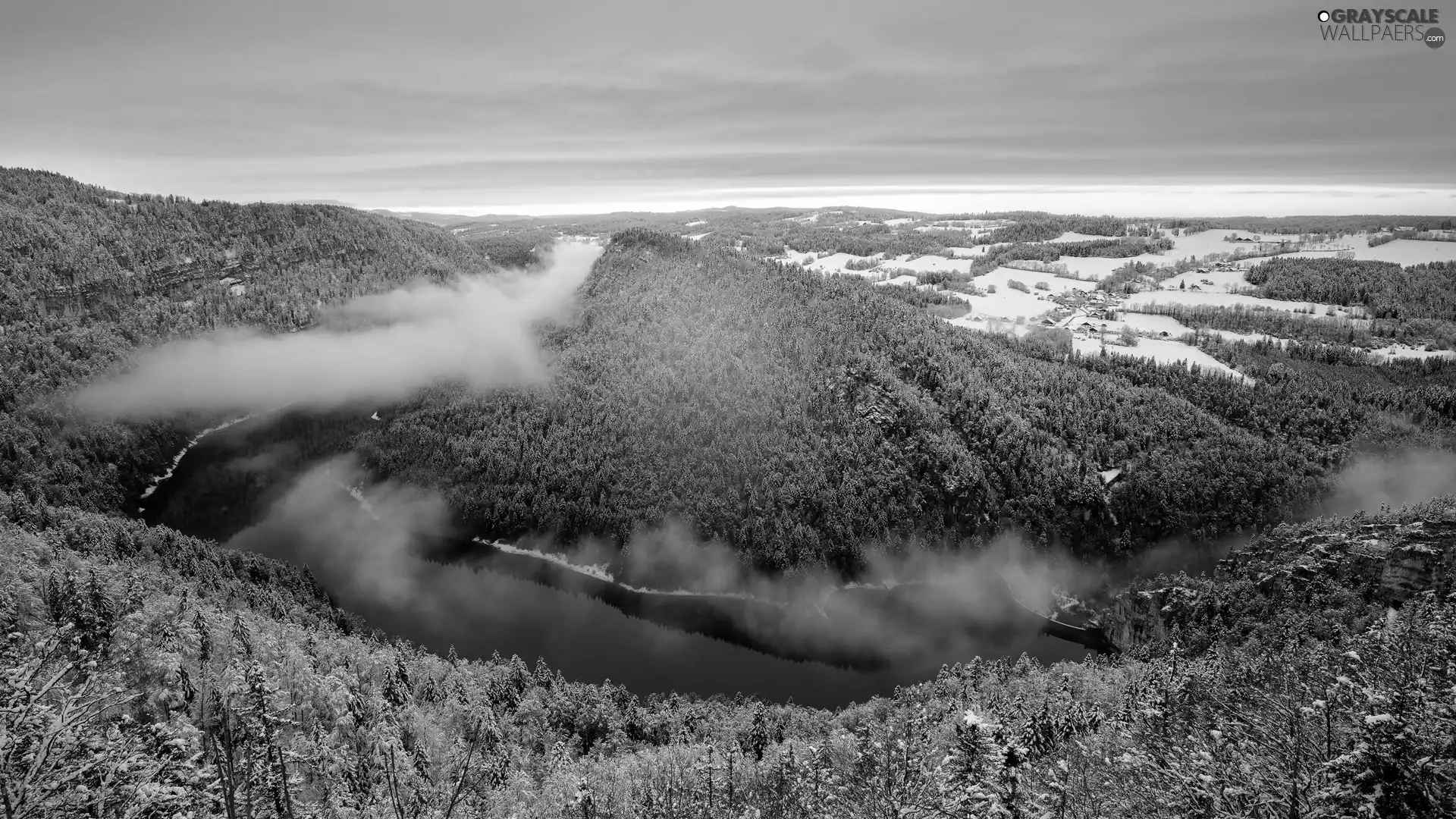 Houses, woods, Fog, River, Mountains, winter, Sunrise