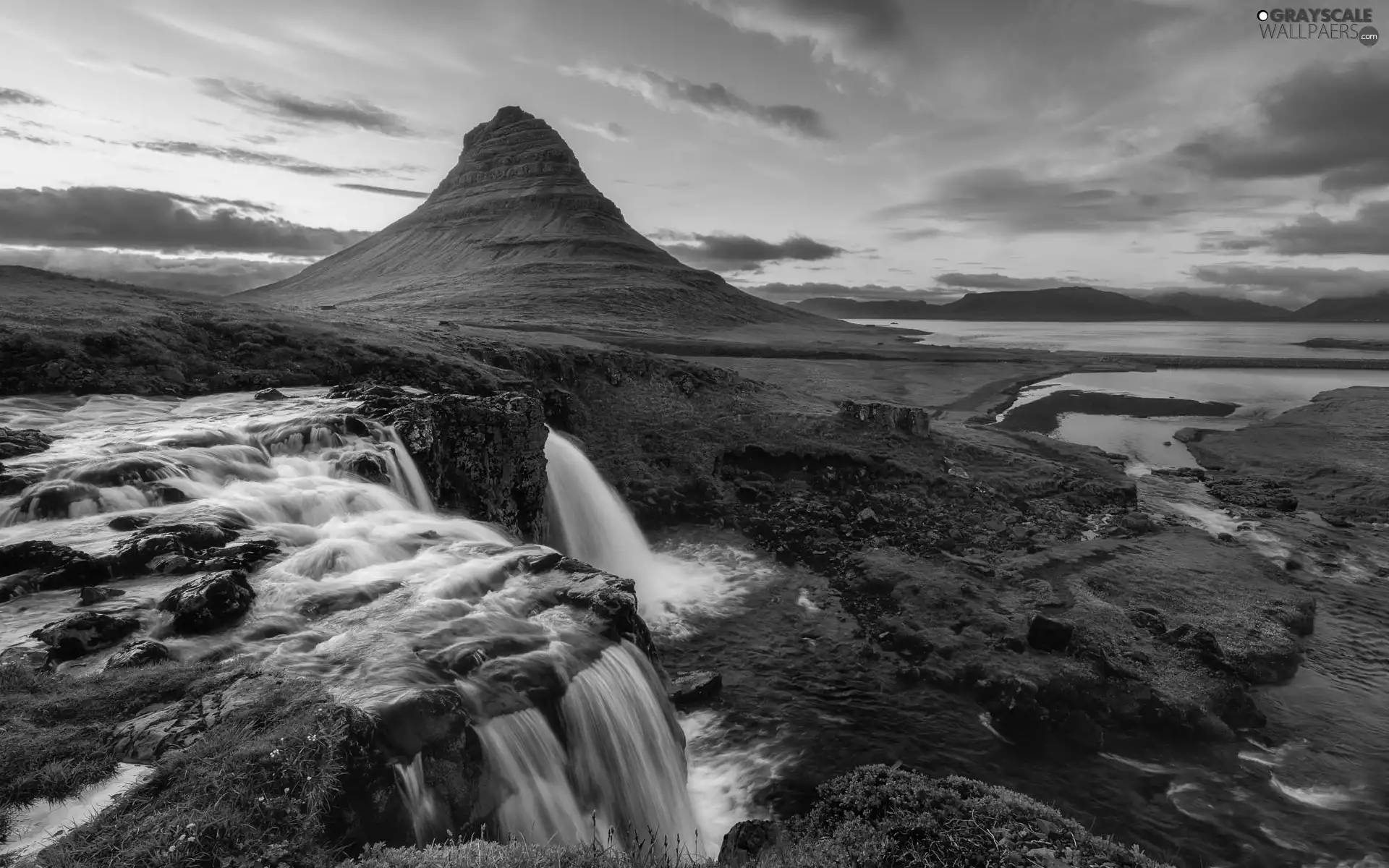 River, Kirkjufell Mountain, clouds, Kirkjufellsfoss Waterfall, iceland, Sky, Great Sunsets