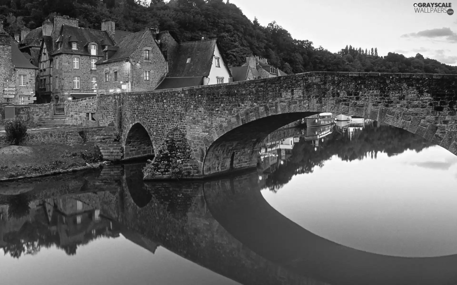 Houses, bridge, River, stone