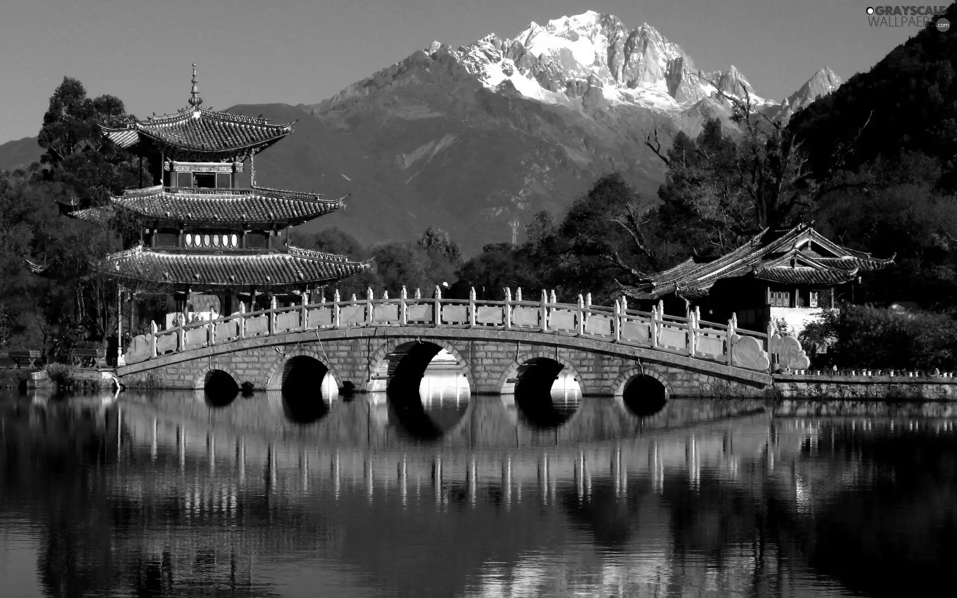 Japan, bridge, River, Mountains