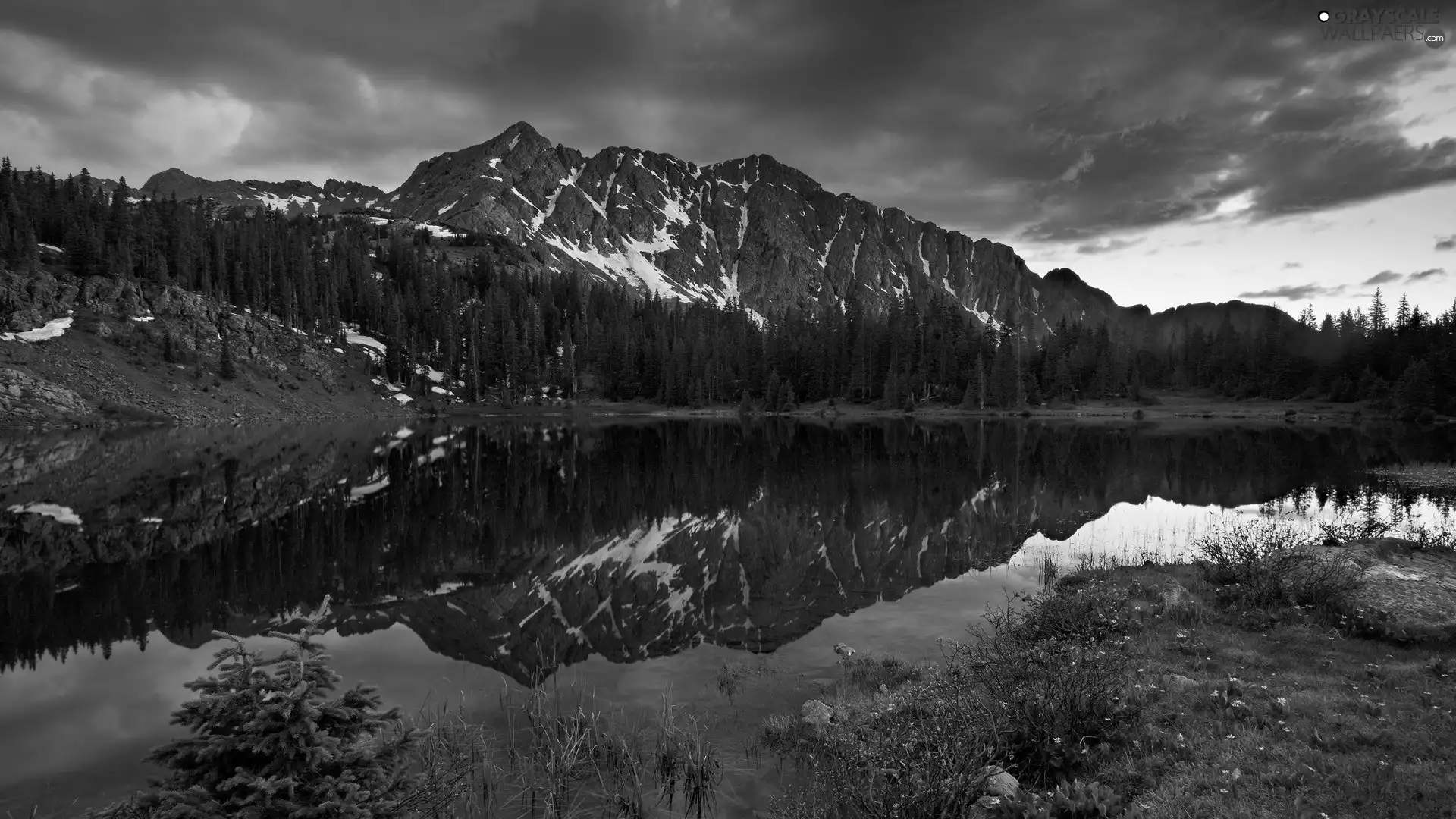 River, Meadow, clouds, Mountains, Red