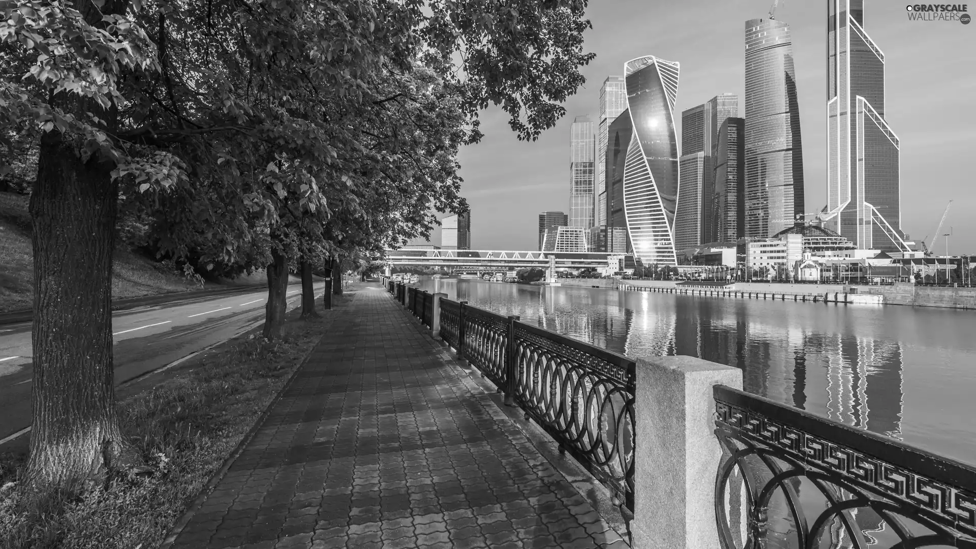 Houses, viewes, Moscow, River, trees, skyscrapers, Russia