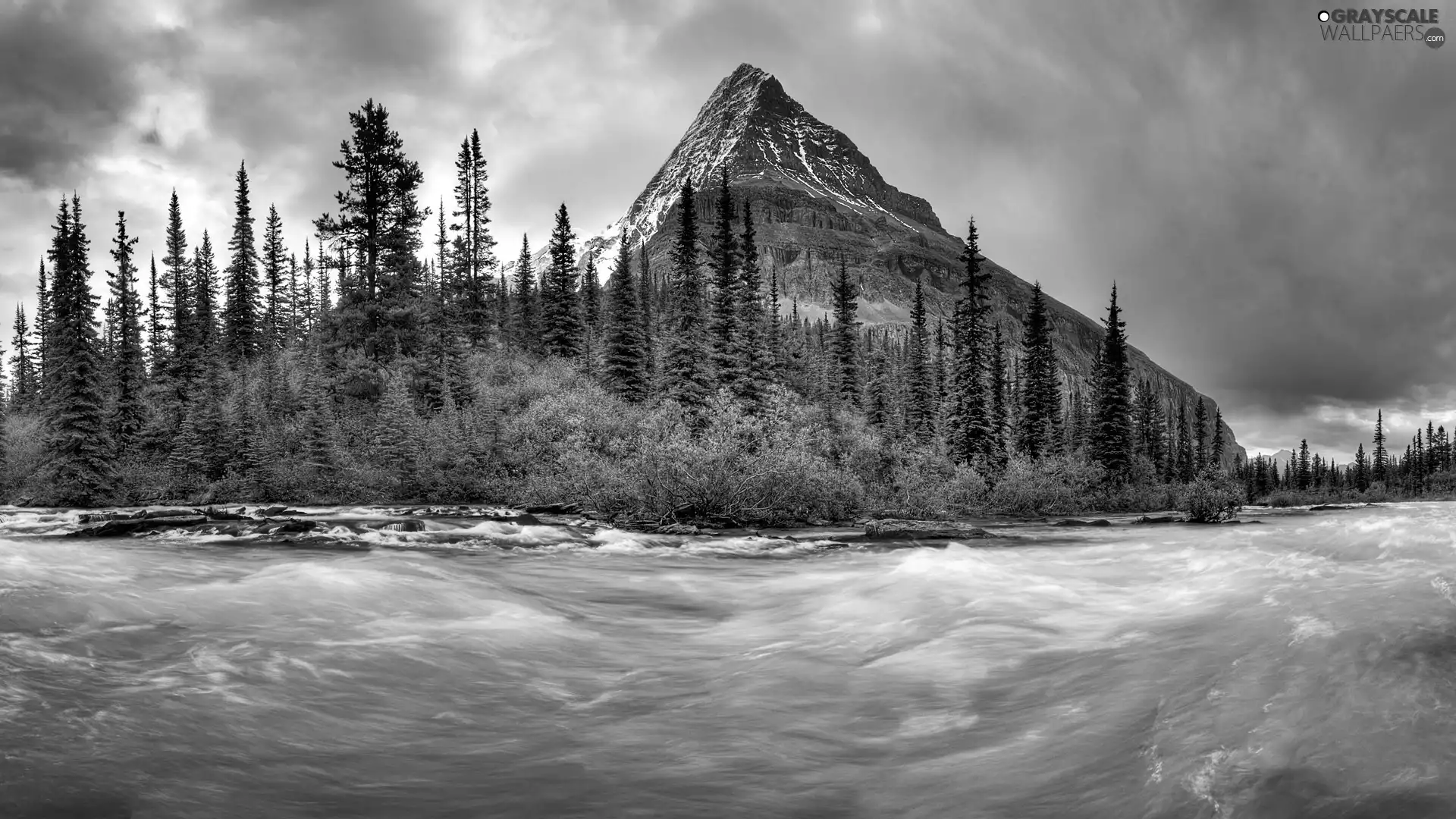 River, forest, mountains