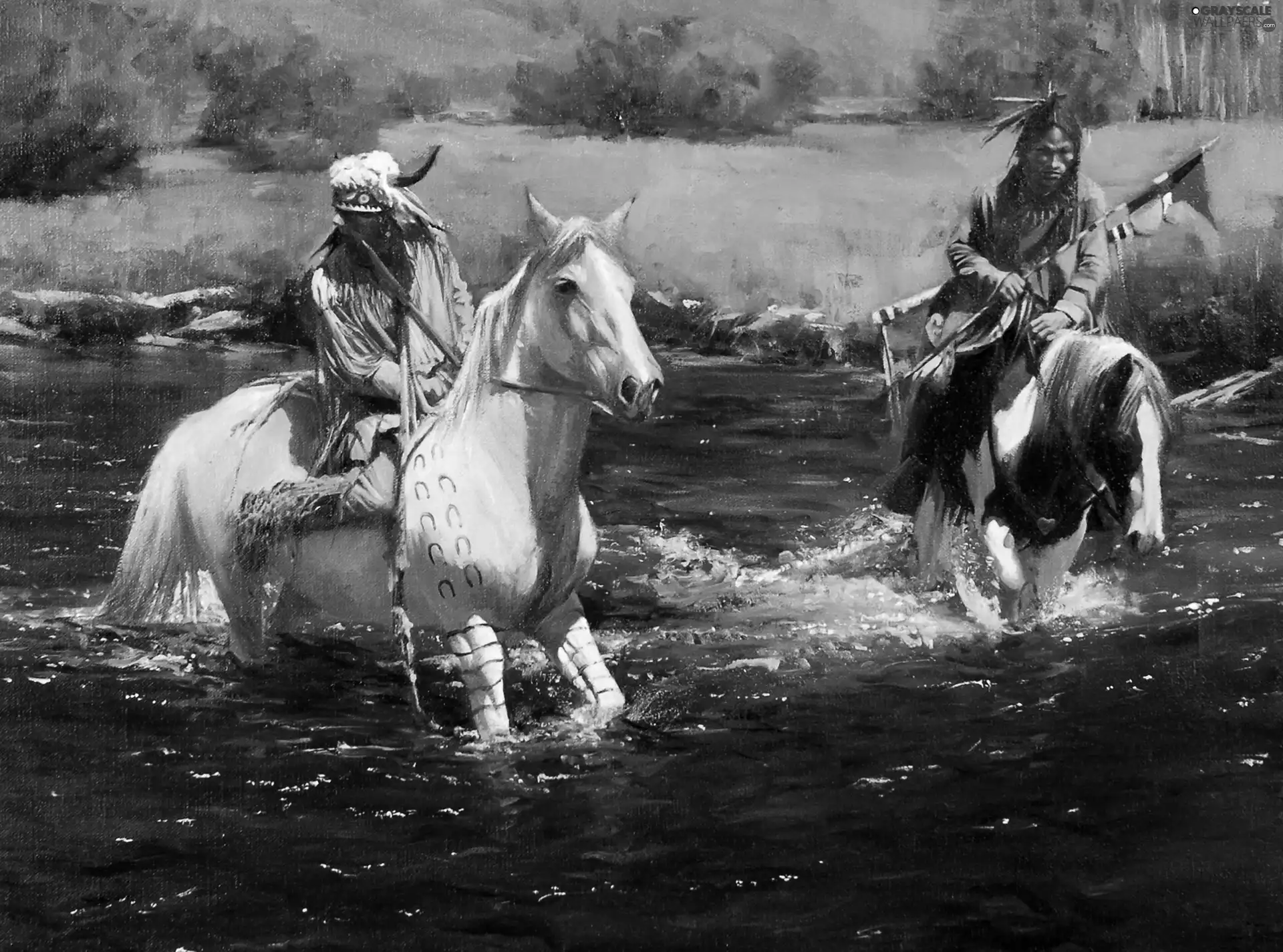 painting, Indians, River, bloodstock