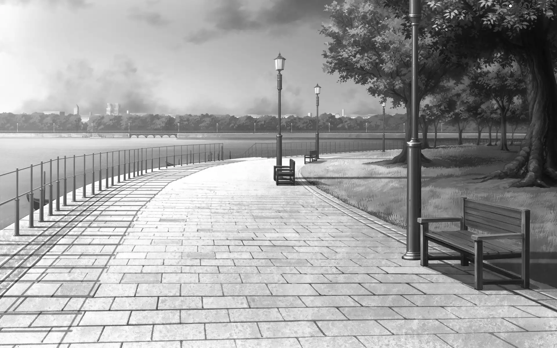 Park, bench, River, promenade