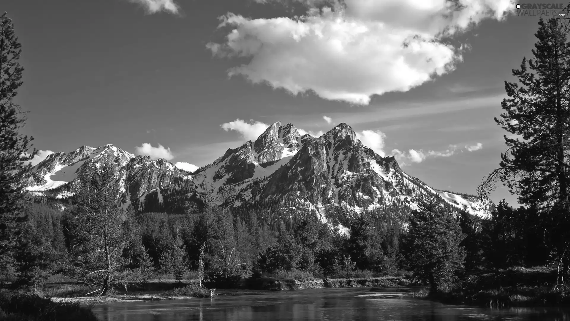 peaks, snow, River, Mountains