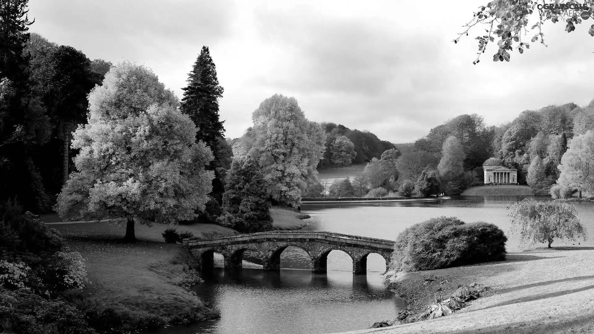 grass, trees, bridges, viewes, Park, River, Sky