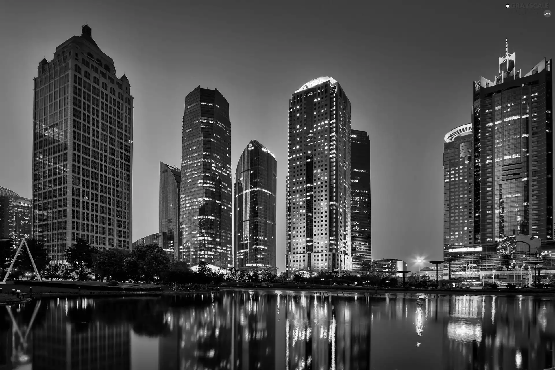 Night, China, light, Town, Szanghaj, River, skyscraper