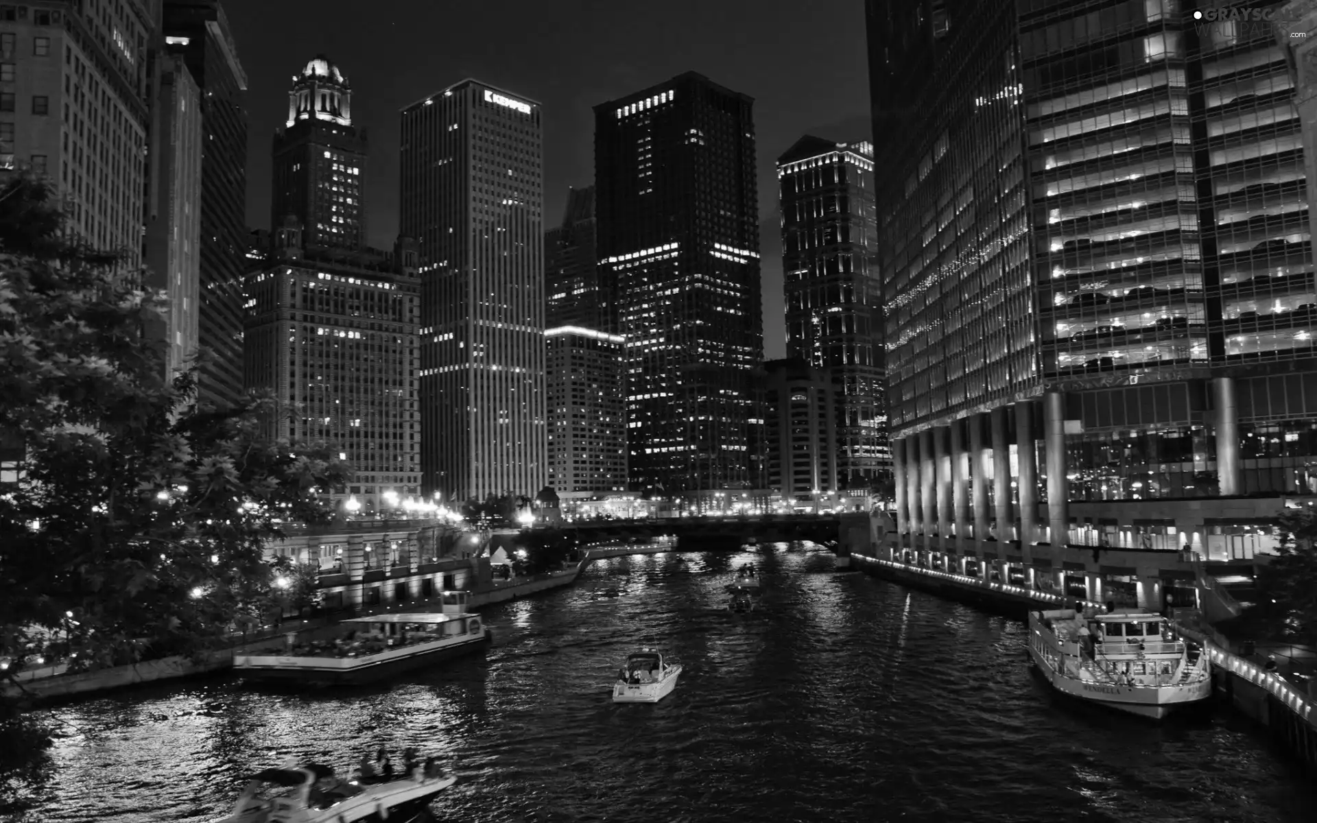 skyscrapers, Night, River, clouds
