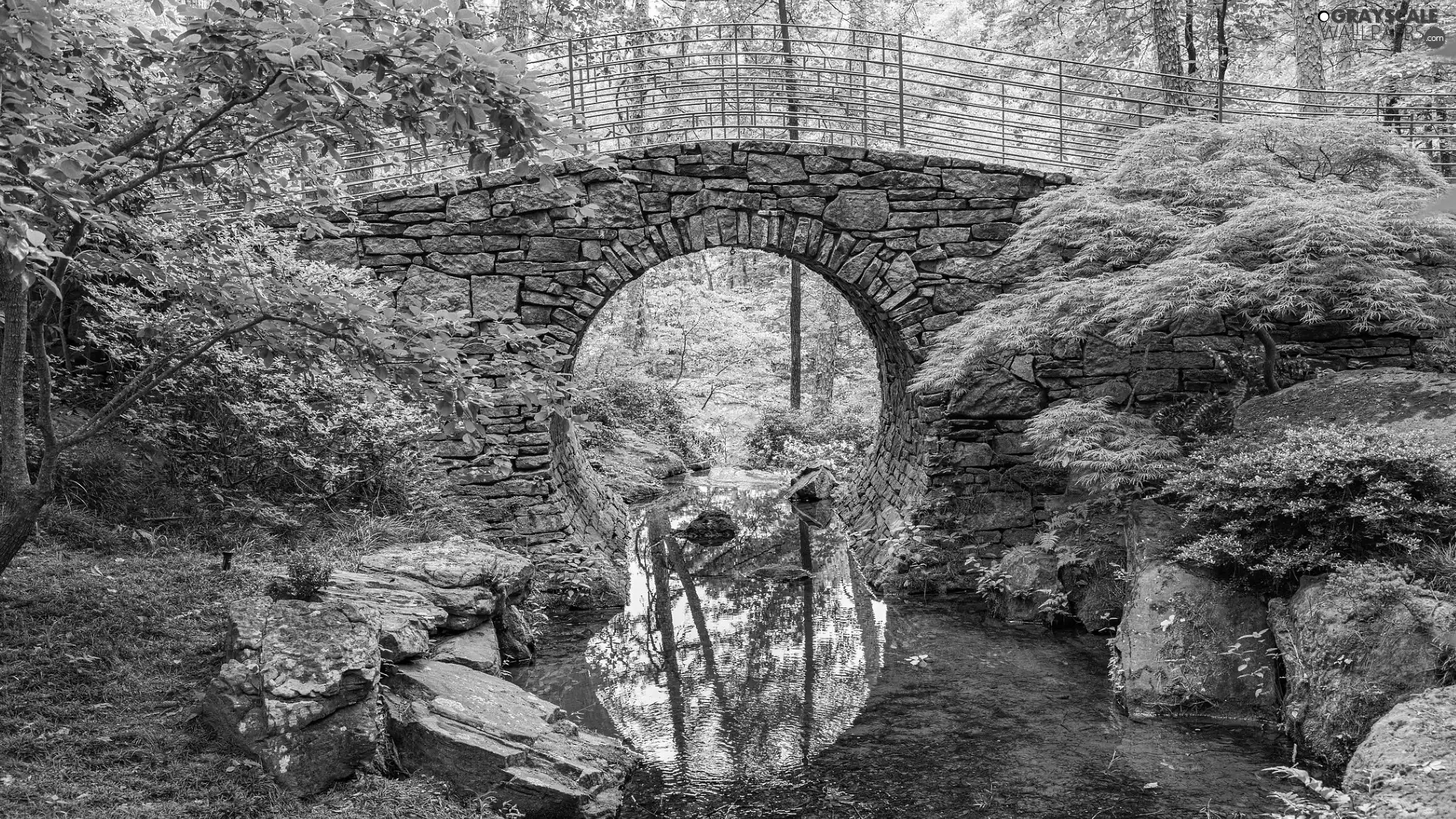 River, Stones, viewes, Rocks, trees, bridge, stone, green ones
