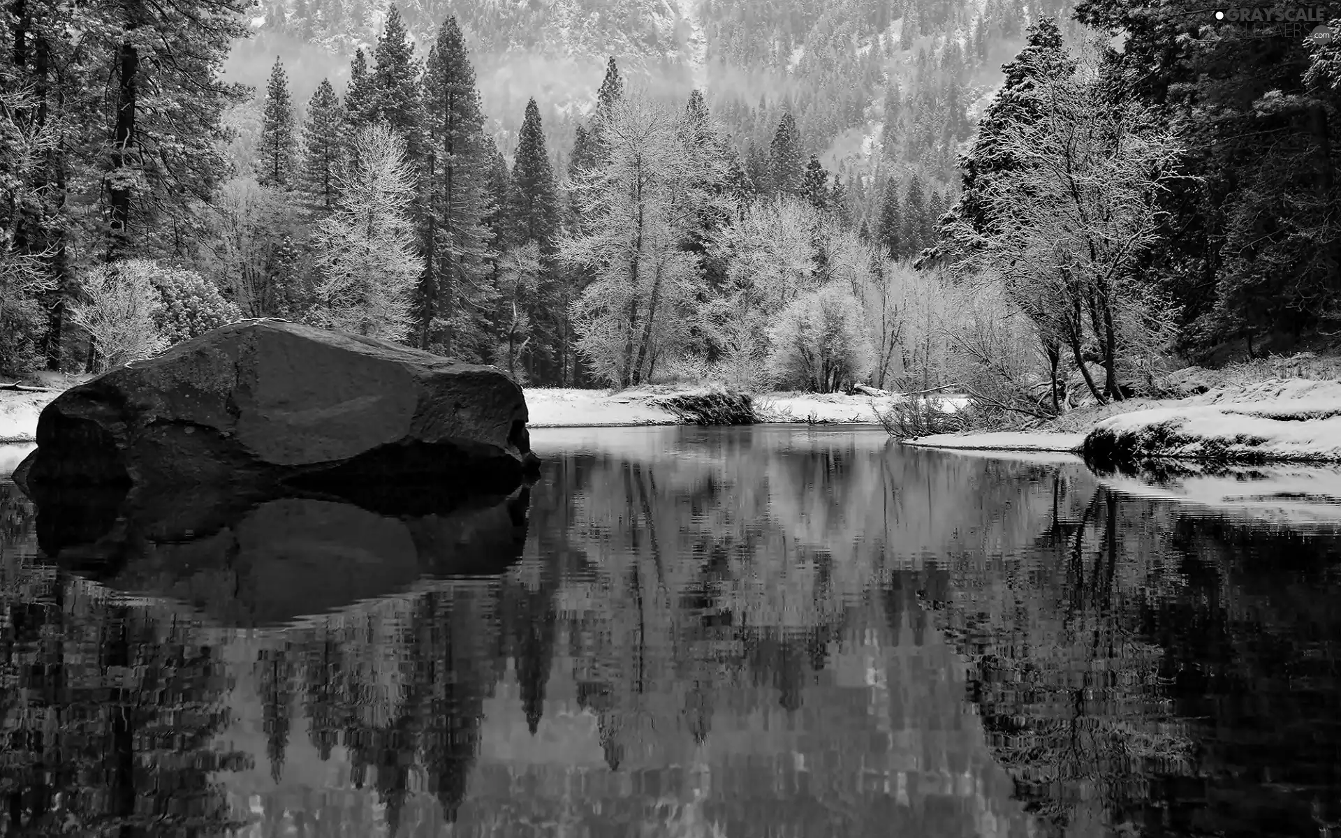 River, Stone, Mountains, forest, winter