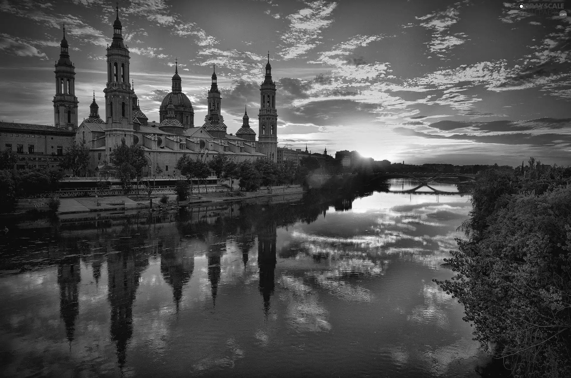 River, Great Sunsets, Saragossa, Church, Spain