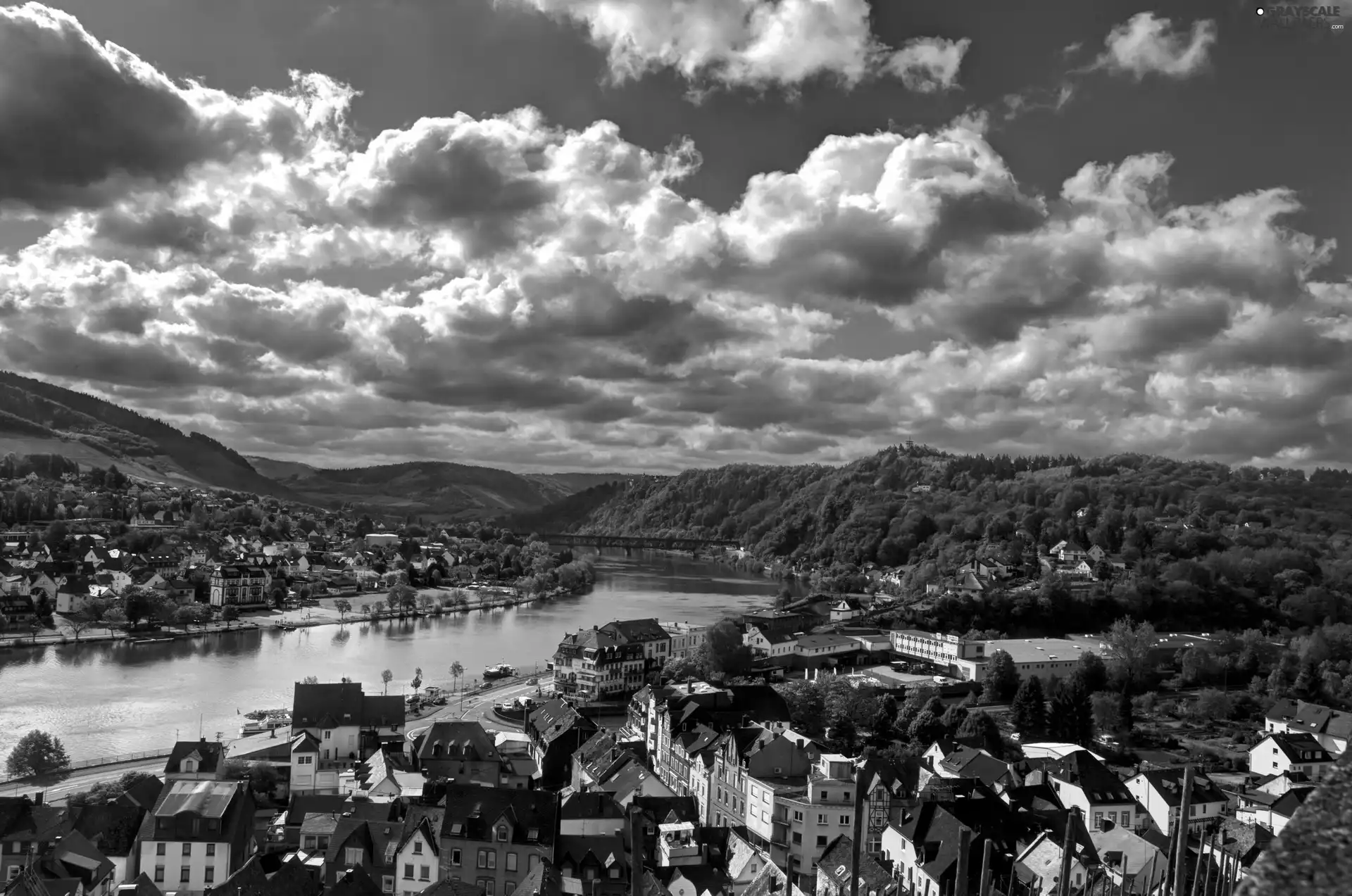 River, panorama, town