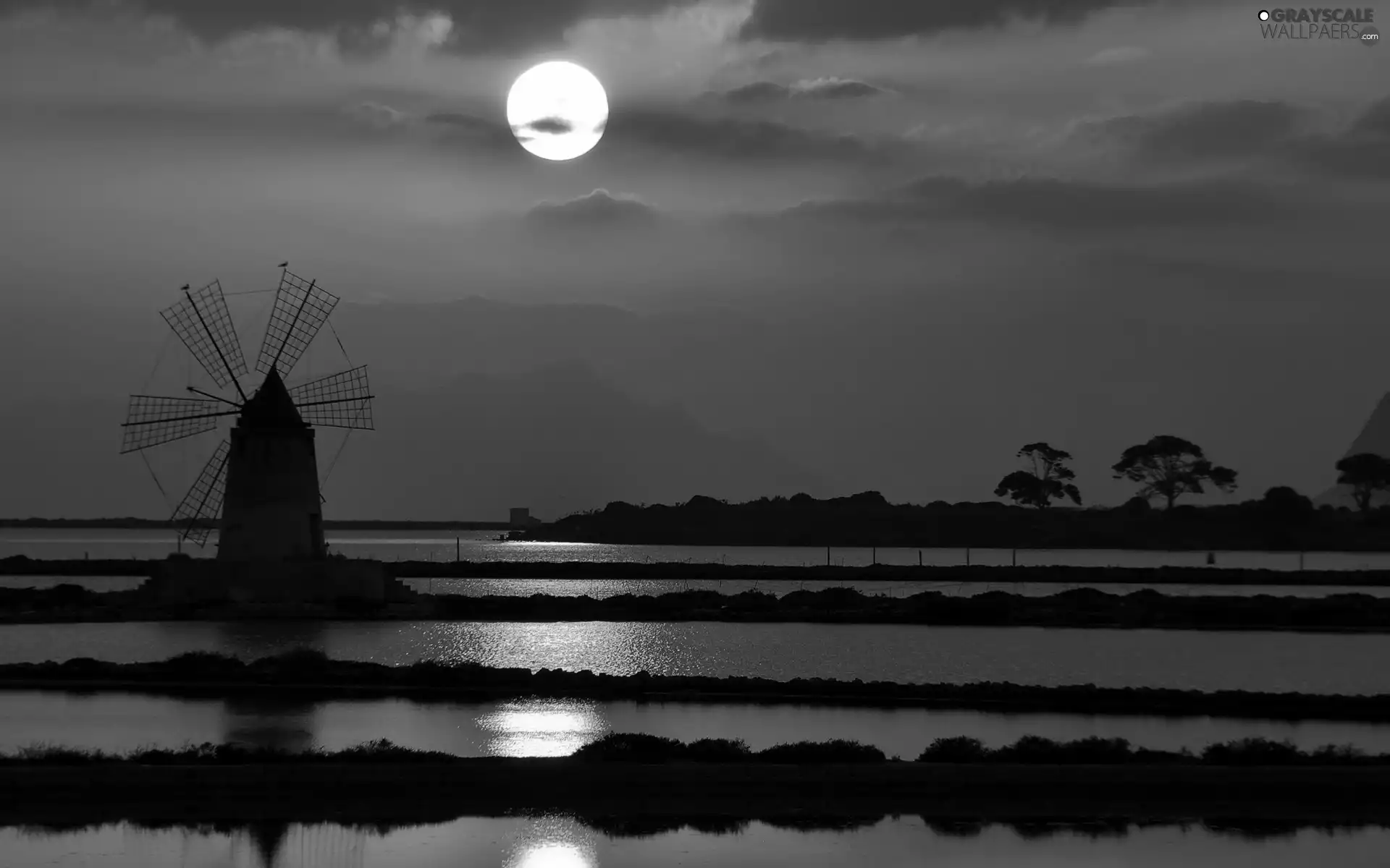 west, Windmill, River, sun