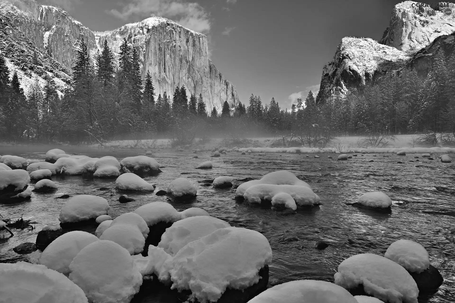 River, winter, trees, viewes, rocks