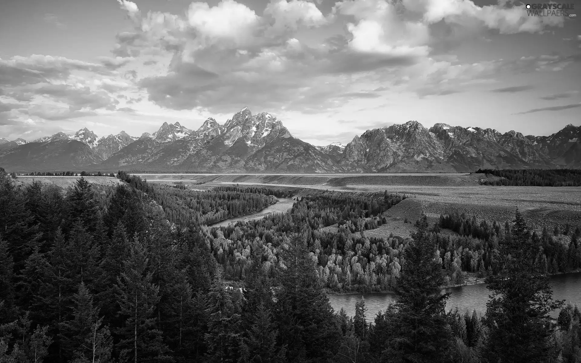 River, Mountains, woods