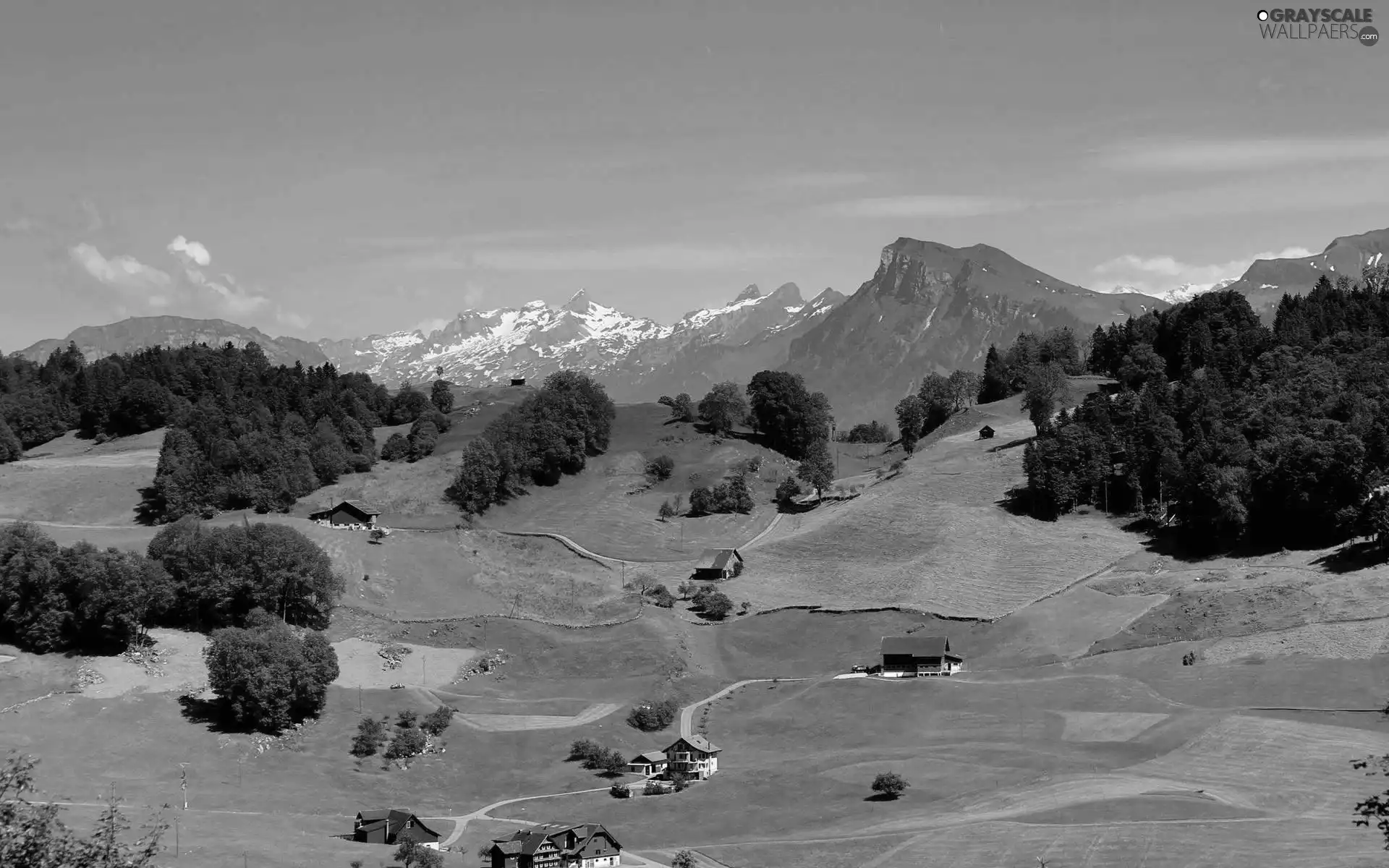 field, Mountains, roads, Houses, medows, woods