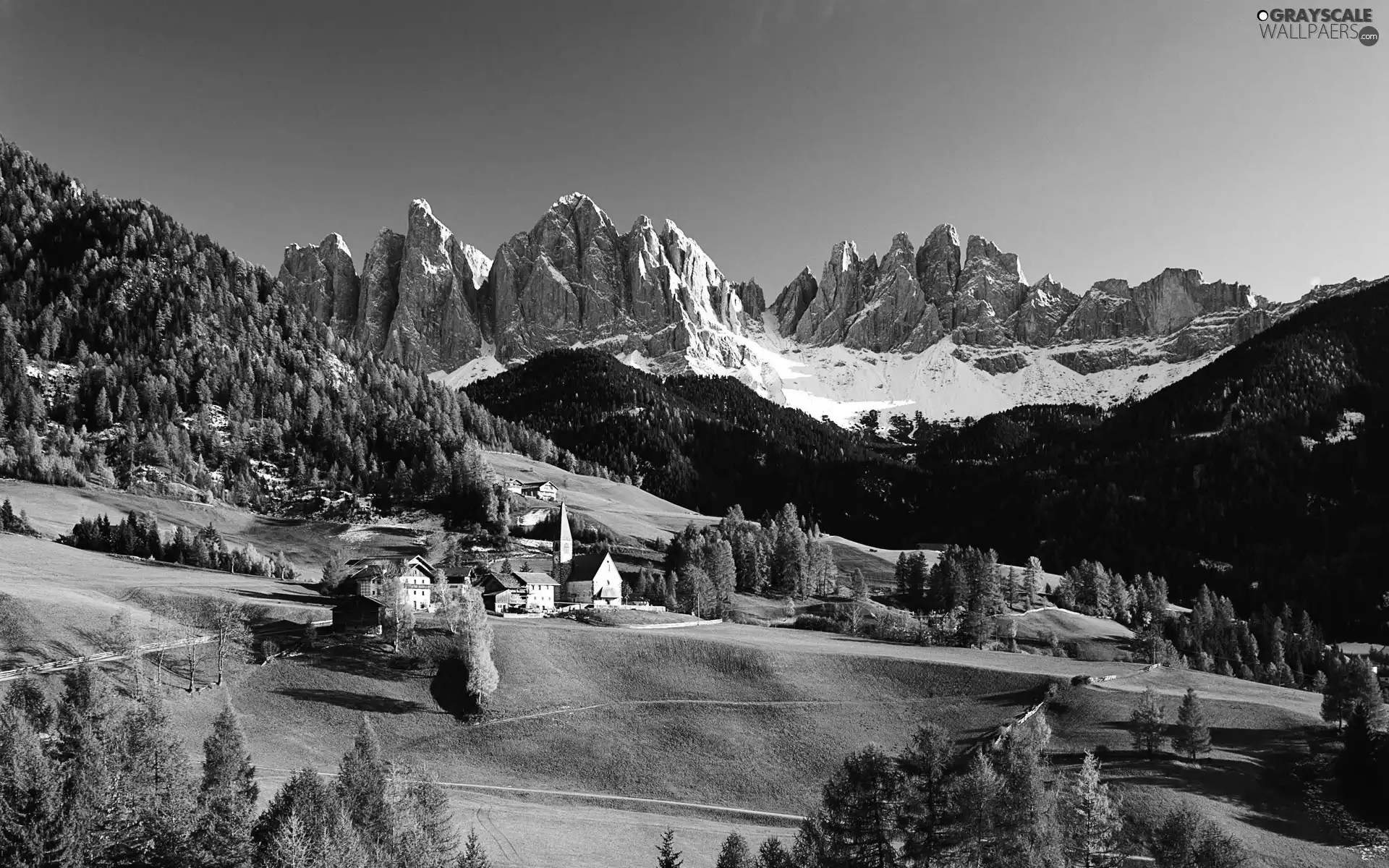 Mountains, Houses, roads, woods