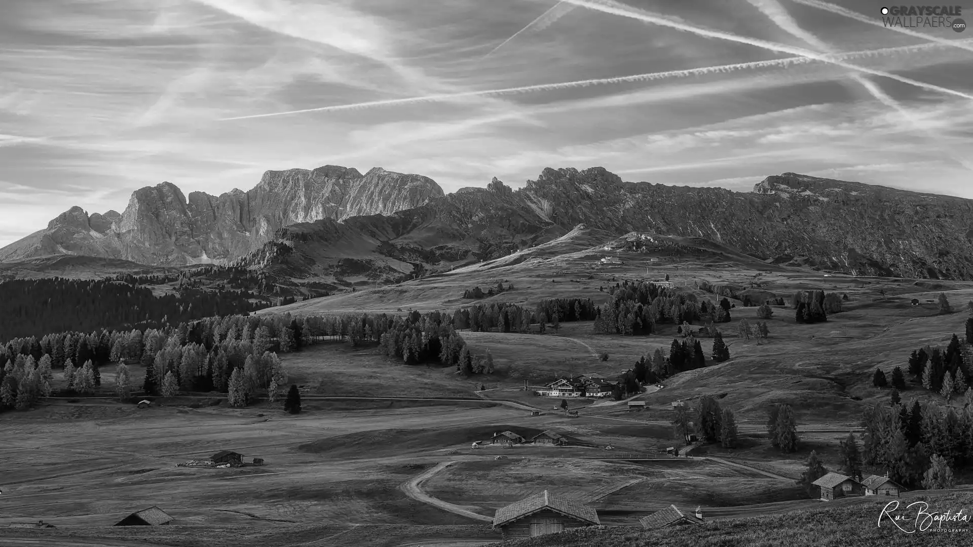 roads, Houses, Italy, trees, Seiser Alm Meadow, Dolomites, Mountains, viewes