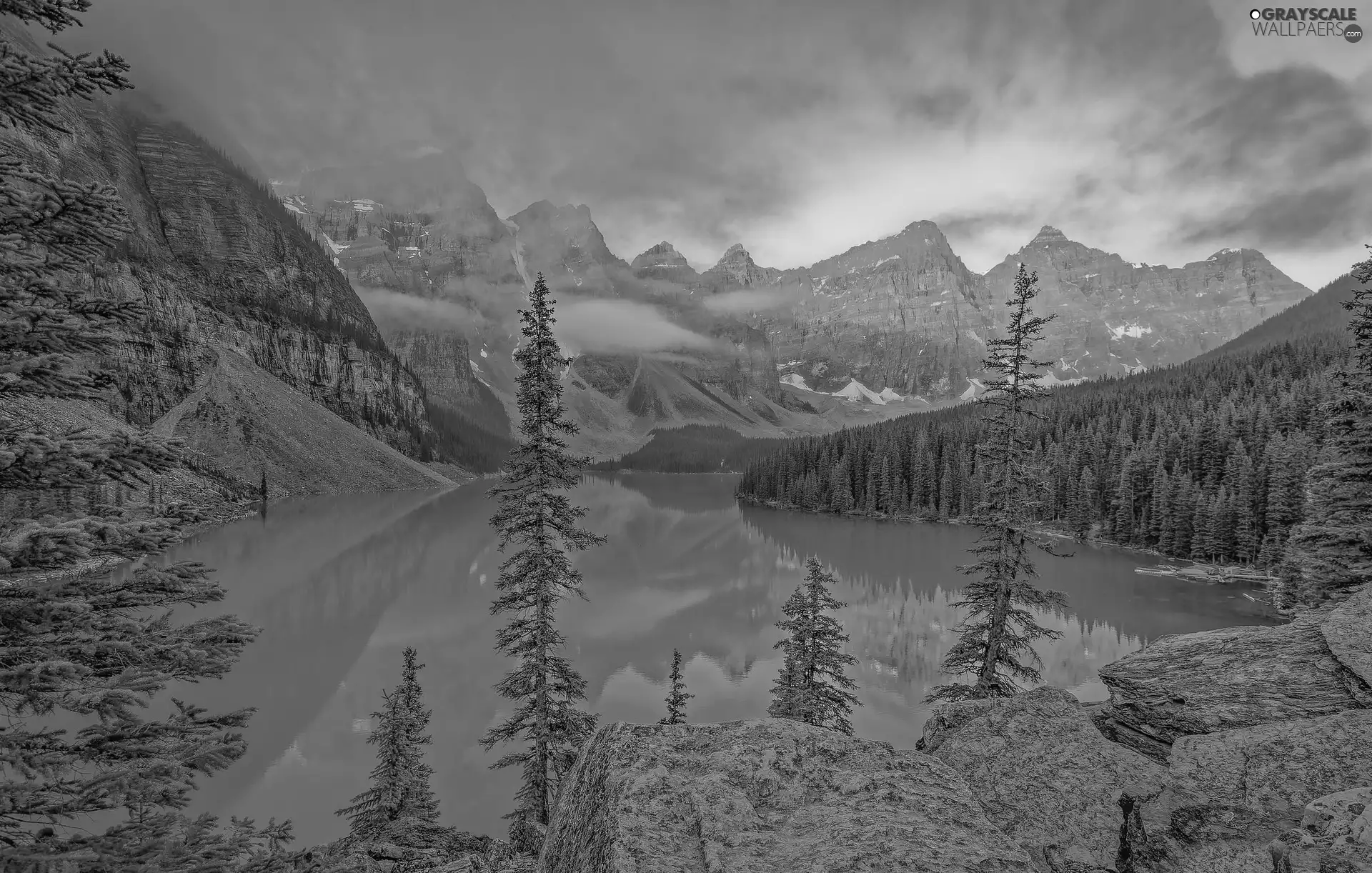 Mountains, Lake Moraine, Canada, Spruces, Province of Alberta, Valley of the Ten Peaks, Banff National Park, rocks