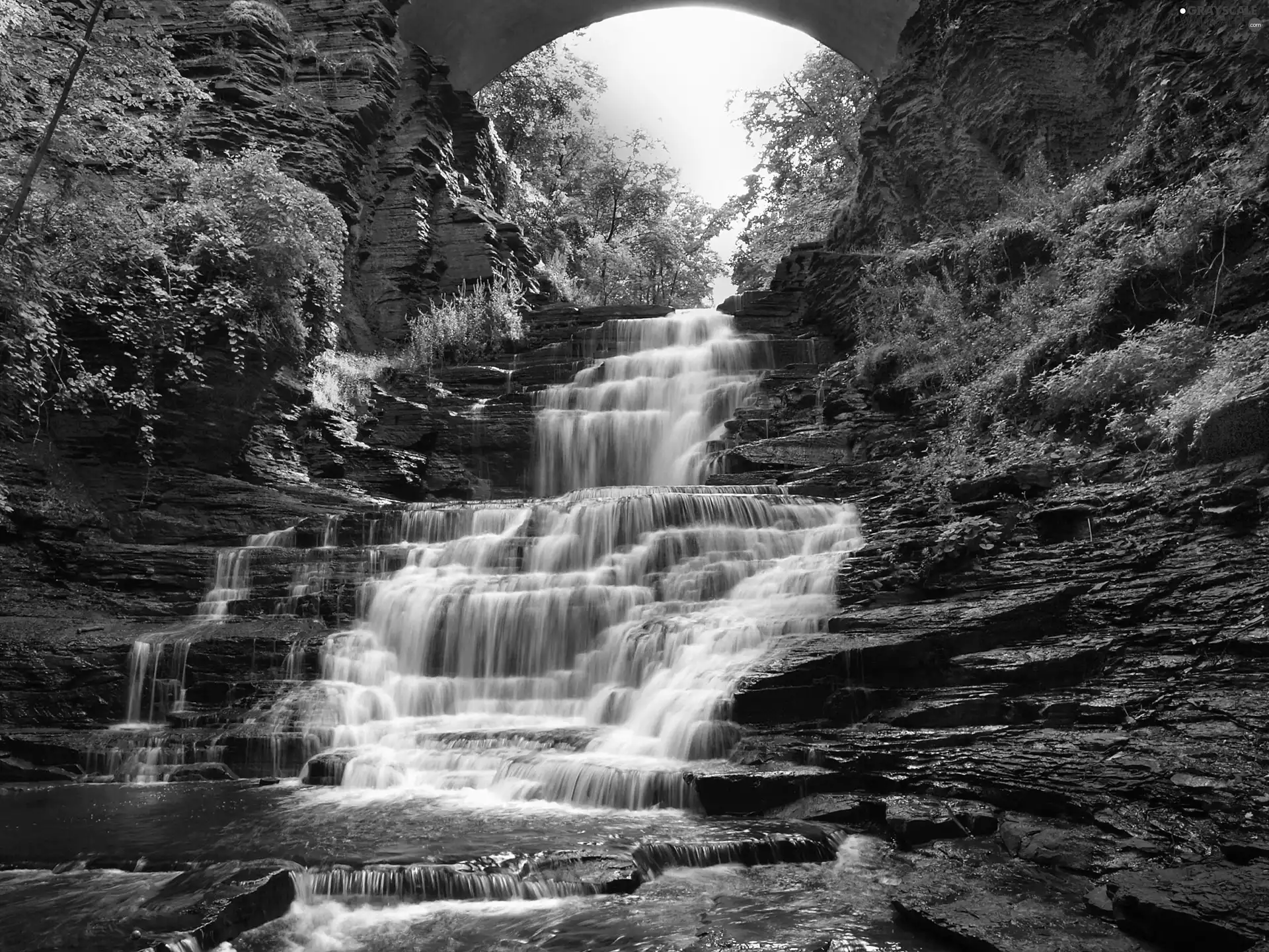 rocks, cascade, viewes, River, trees