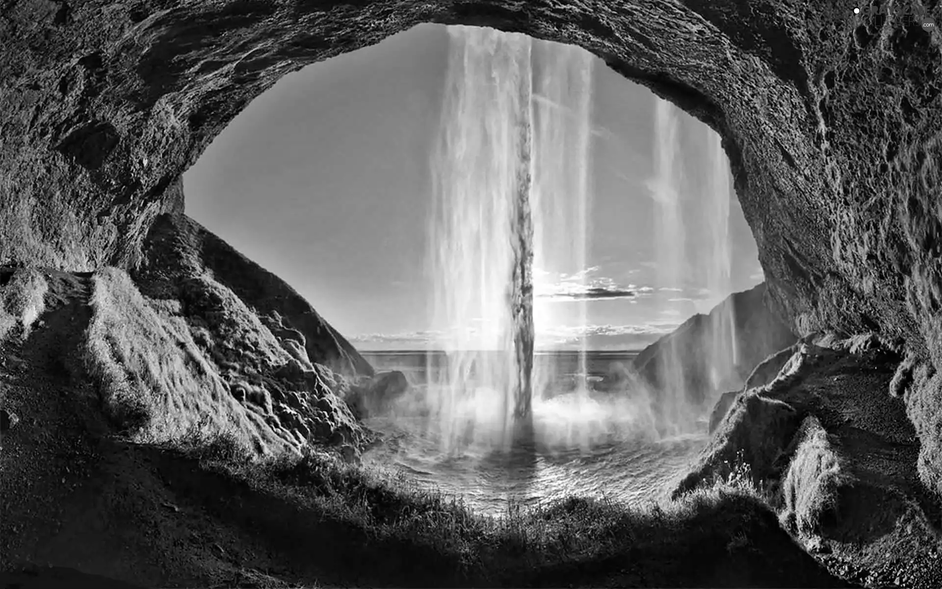 sun, Seljalandsfoss, cave, luminosity, mosses, waterfall, rocks, shadow, flash, ligh