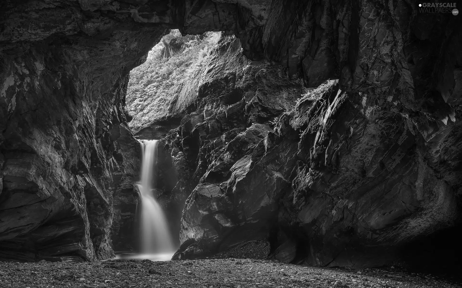 cave, waterfall, River, rocks