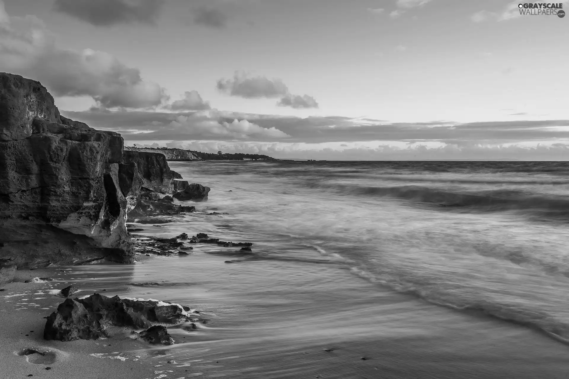 clouds, beach, rocks, sea