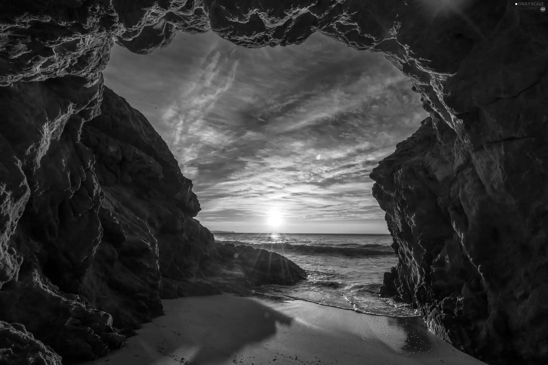 sea, rocks, Great Sunsets, cave