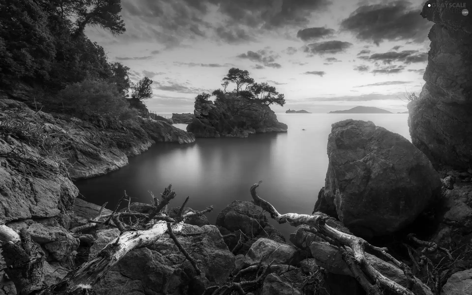 rocks, Stones, Italy, trees, Liguria, sea, Great Sunsets, viewes